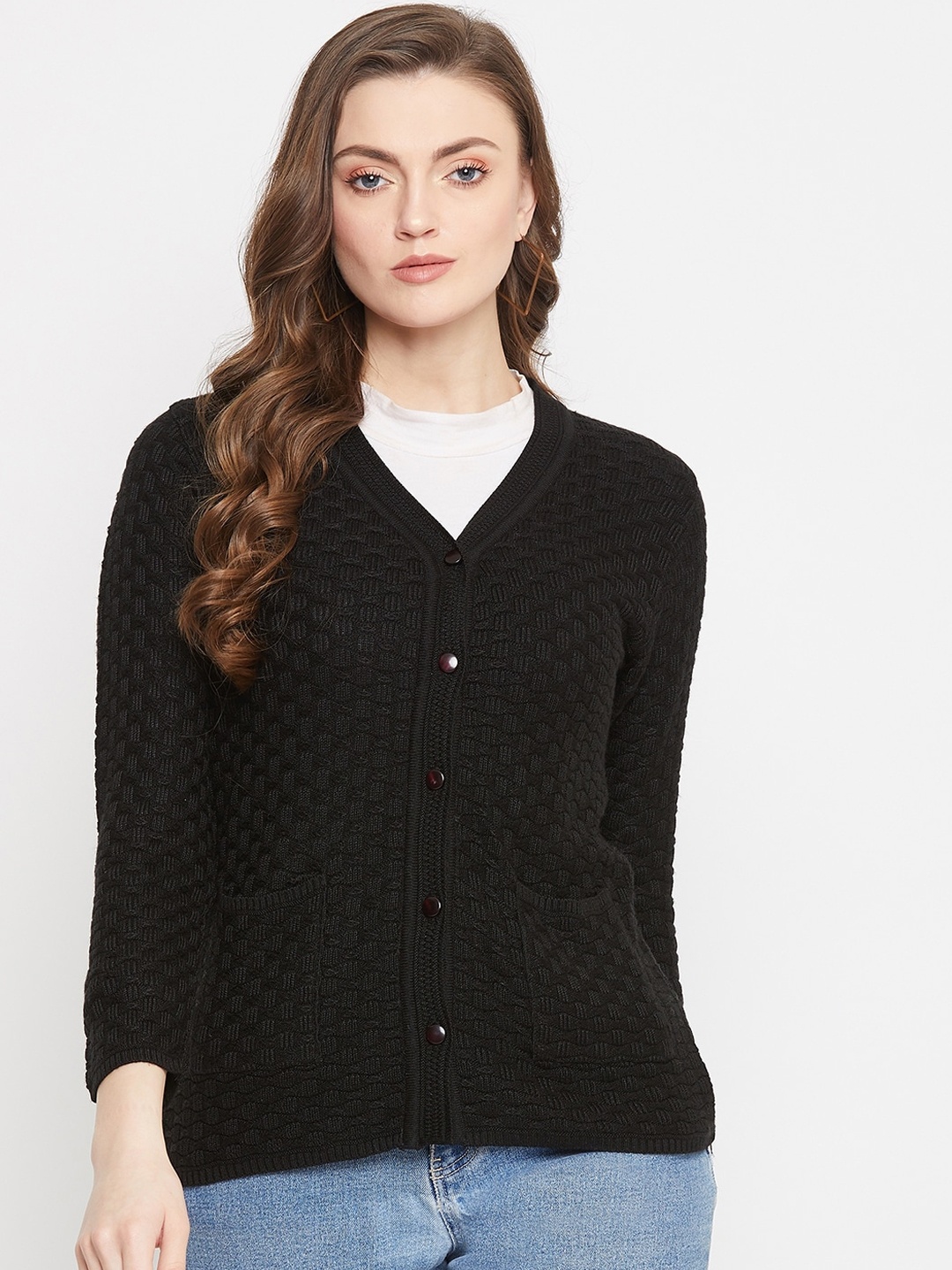 

Zigo Women Black Self Design Cardigan