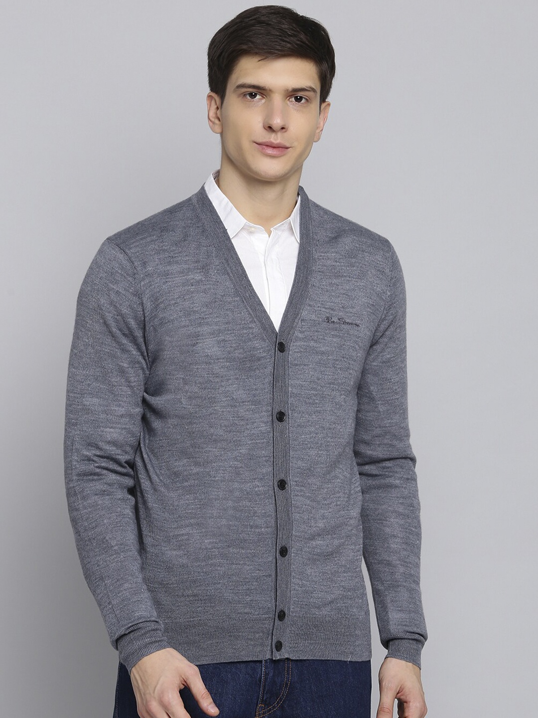 

BEN SHERMAN Men Grey Melange Solid Pullover Sweater