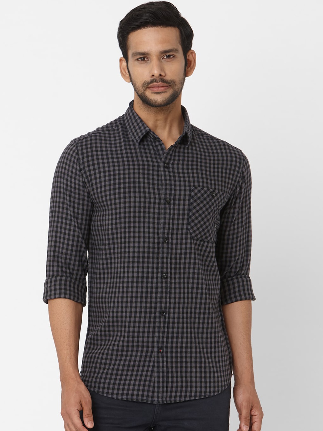 Mufti Men Grey & Black Slim Fit Checked Casual Shirt