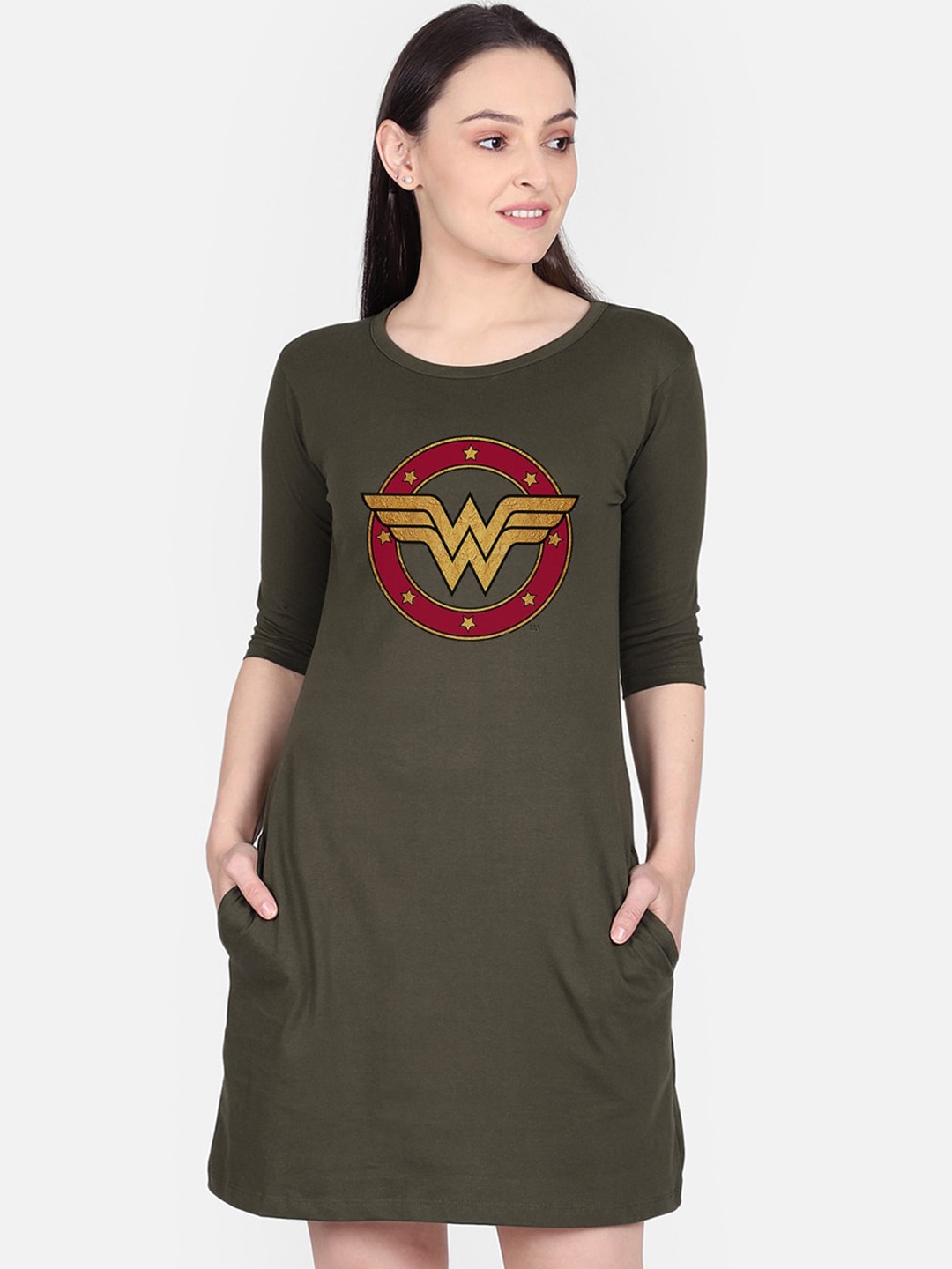 

Free Authority Wonder Woman Printed A-Line Olive Dress for Women