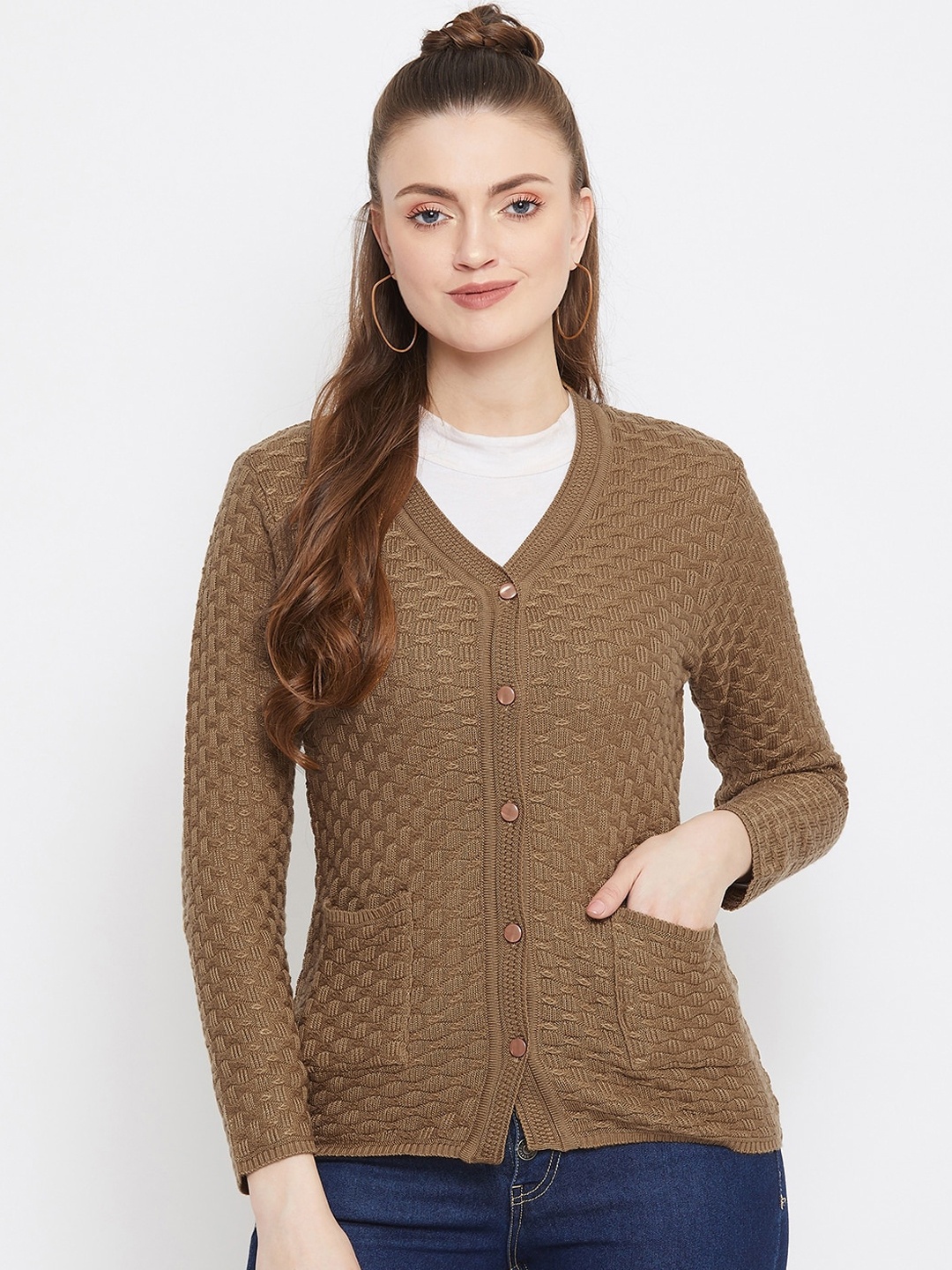 Zigo Women Brown Self Design Knitted Cardigan