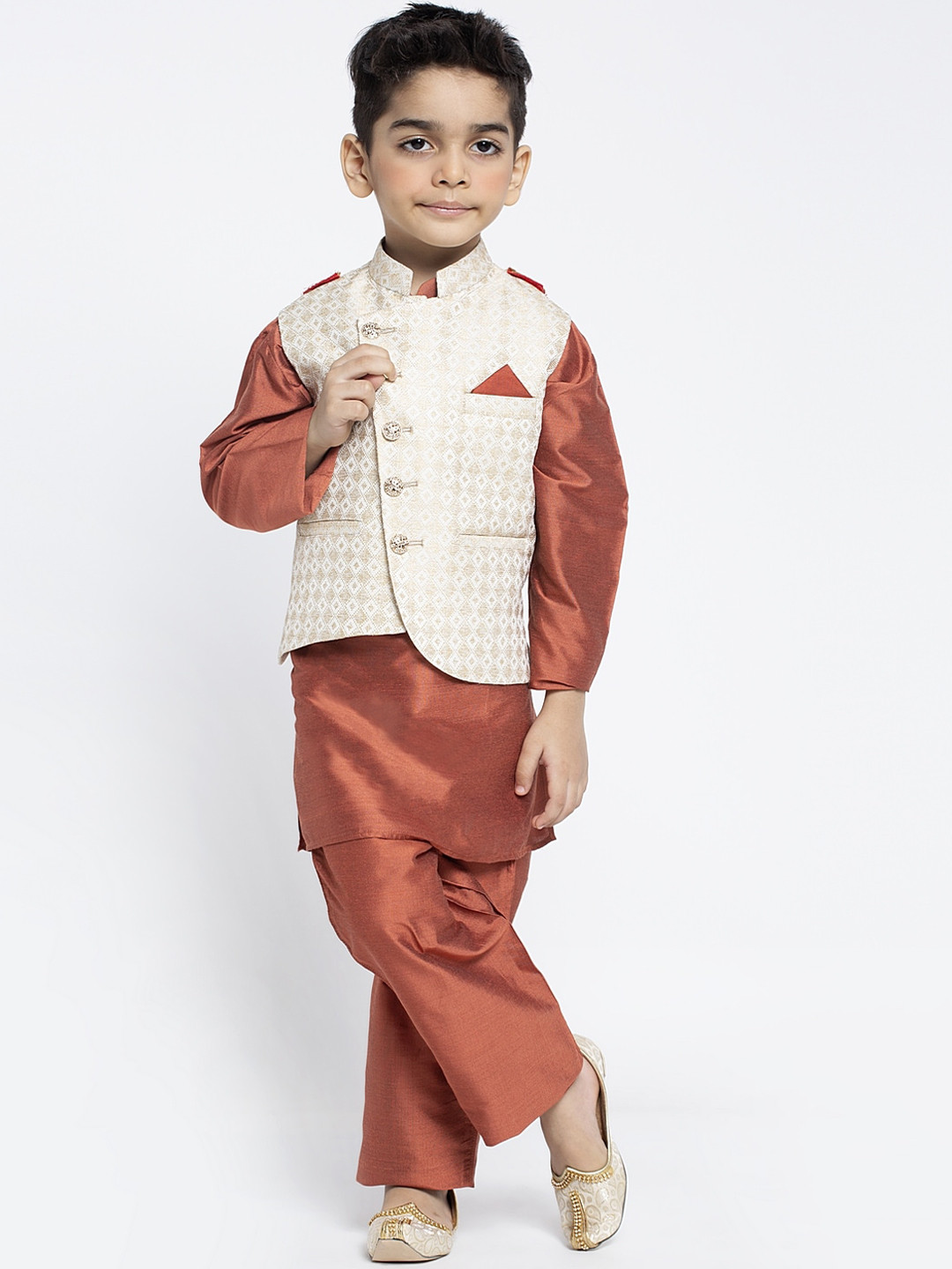 

MAXENCE Boys Rust Solid Kurta with Pyjamas and Jacket
