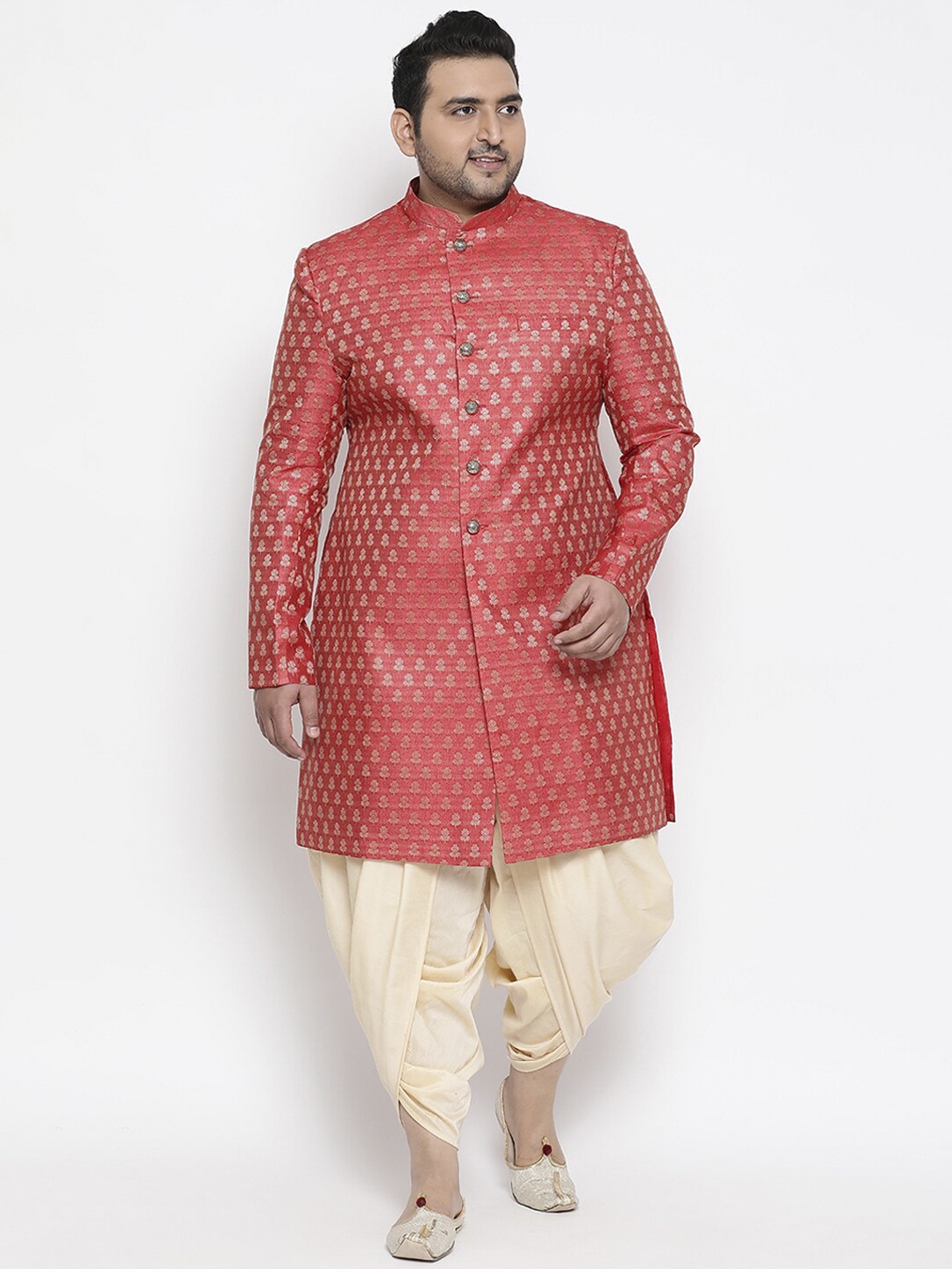 

KISAH PLUS Men Coral-Pink & Beige Printed Indowestern Sherwani With Dhoti Pants