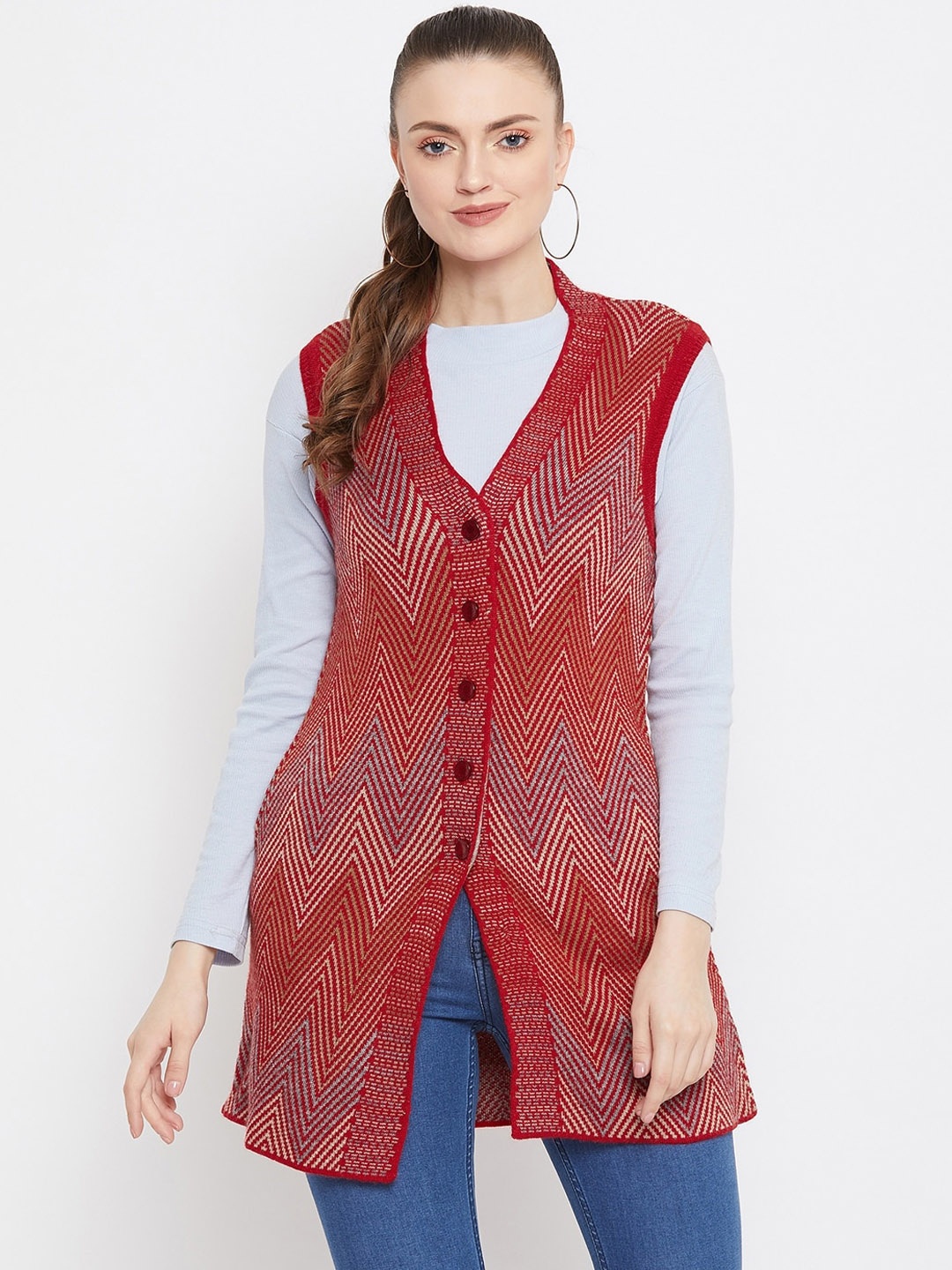 

Zigo Women Red Self Design Longline Knitted Cardigan