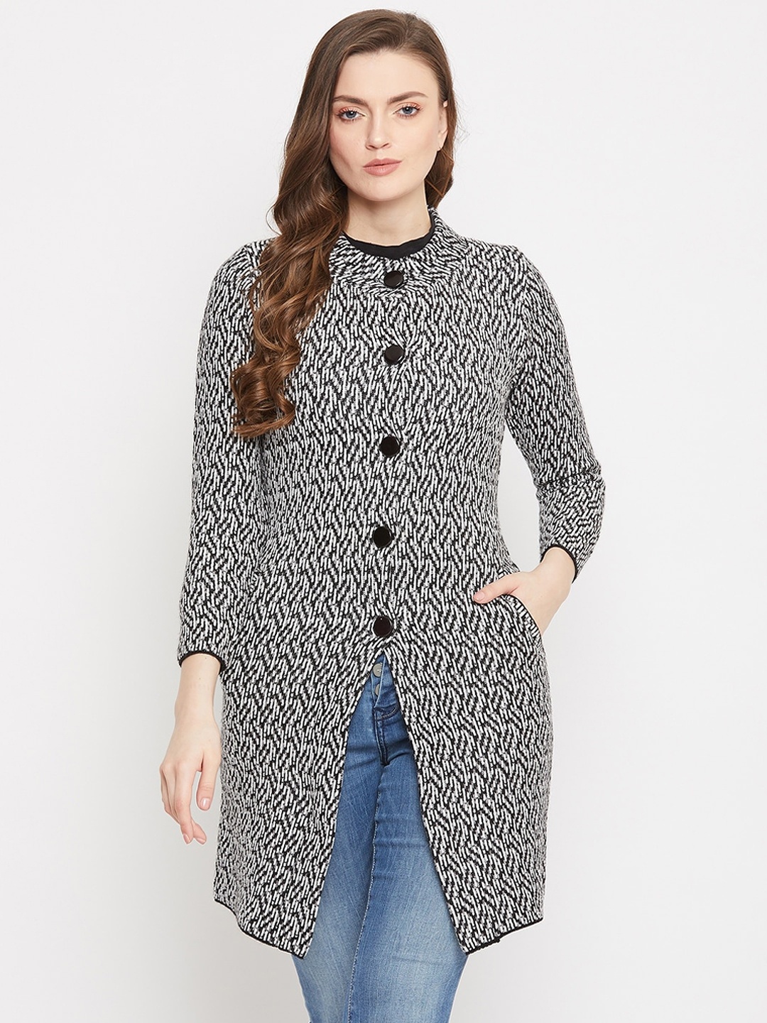 

Zigo Women Black & White Self Design Longline Cardigan