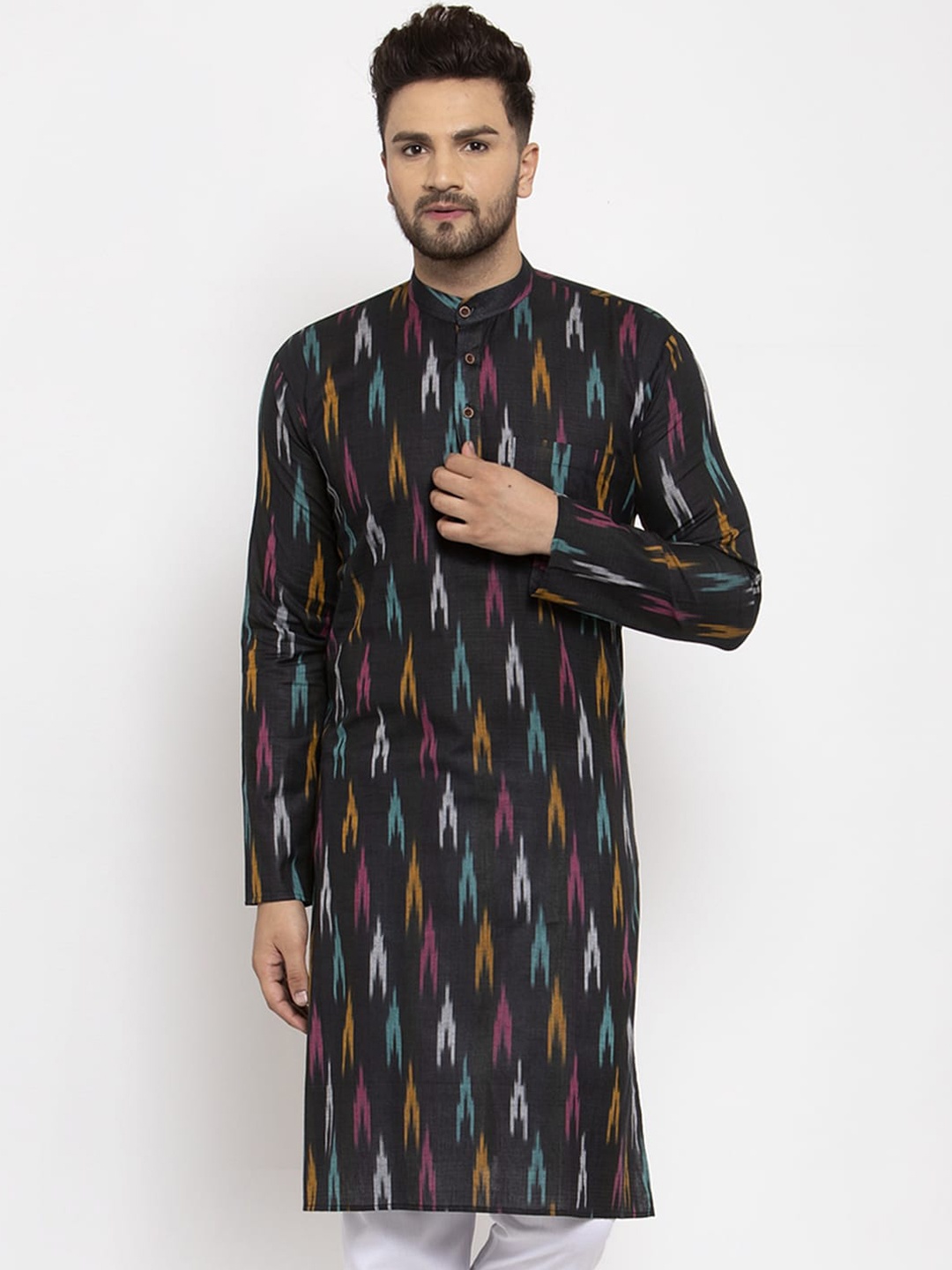 

Jompers Men Black Woven Design Straight Kurta