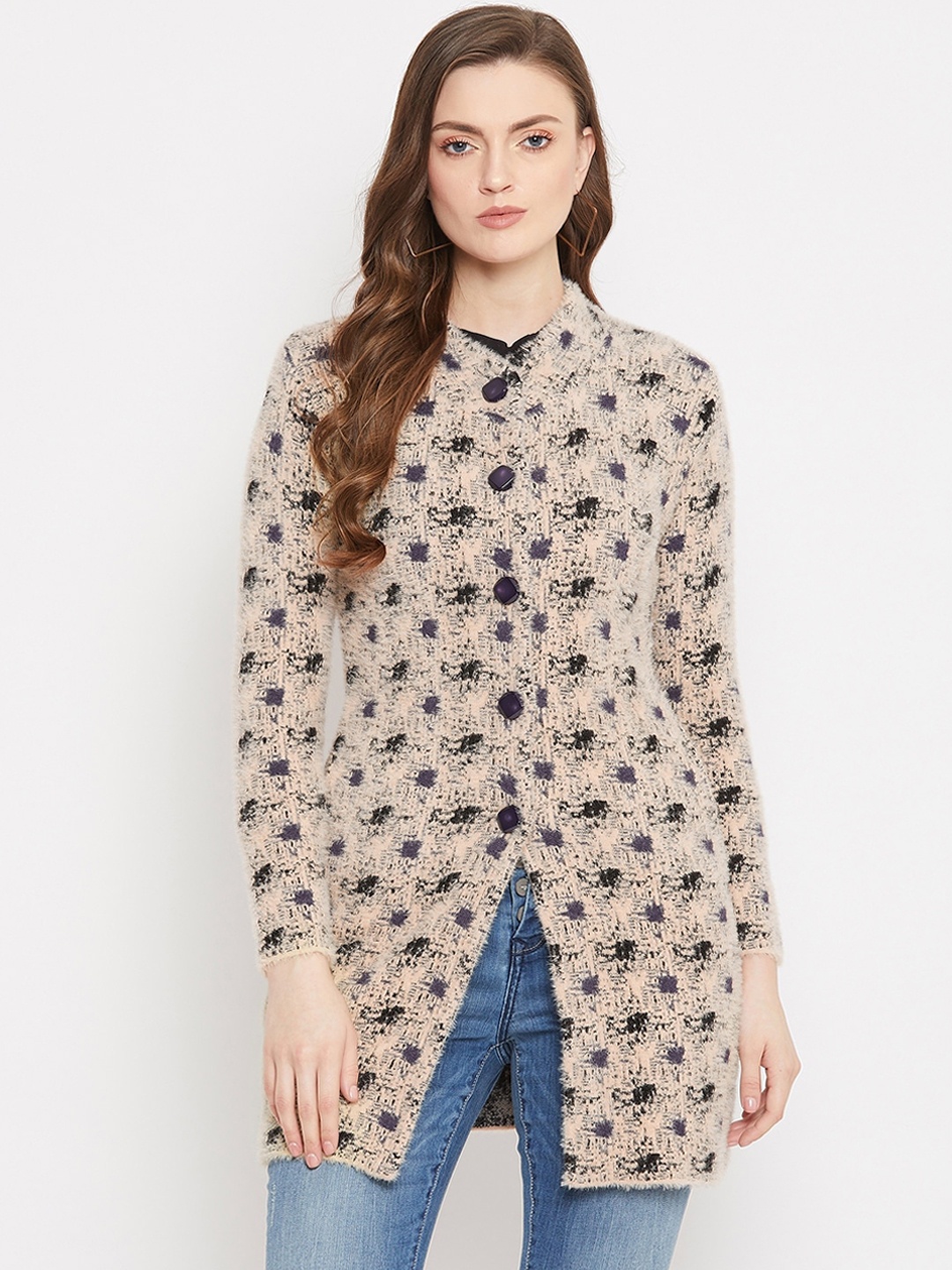 

Zigo Women Beige & Black Self Design Longline Cardigan