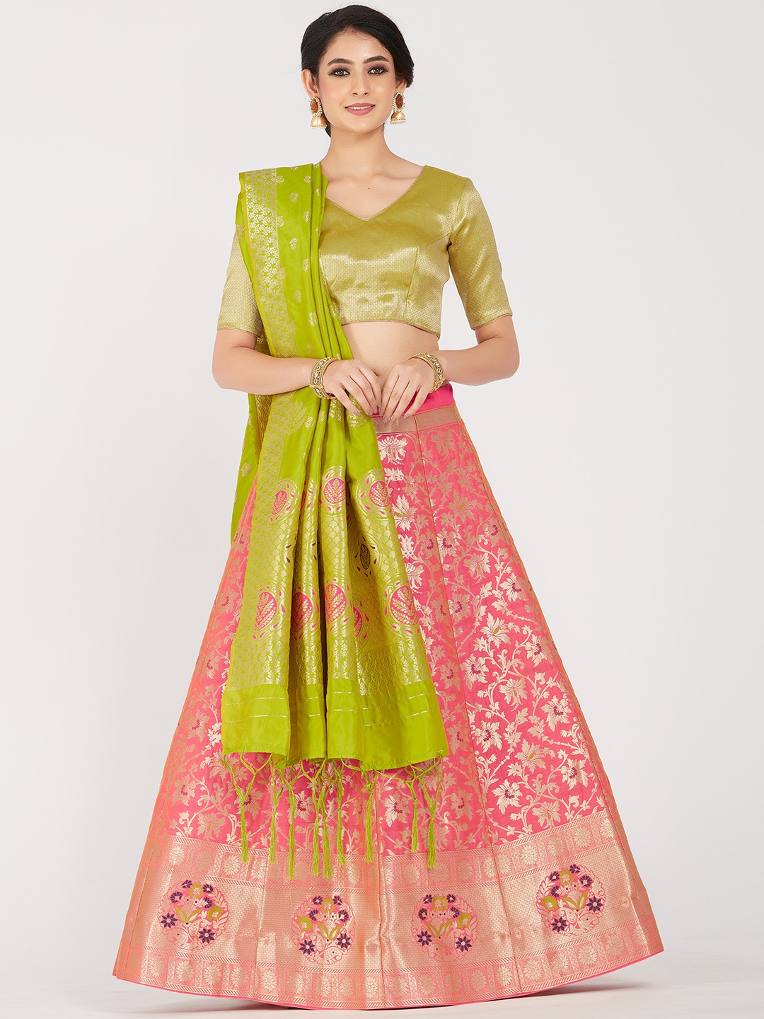 

MIMOSA Women Green & Pink Zari Woven Design Semi-Stitched Lehenga & Unstitched Choli with Dupatta