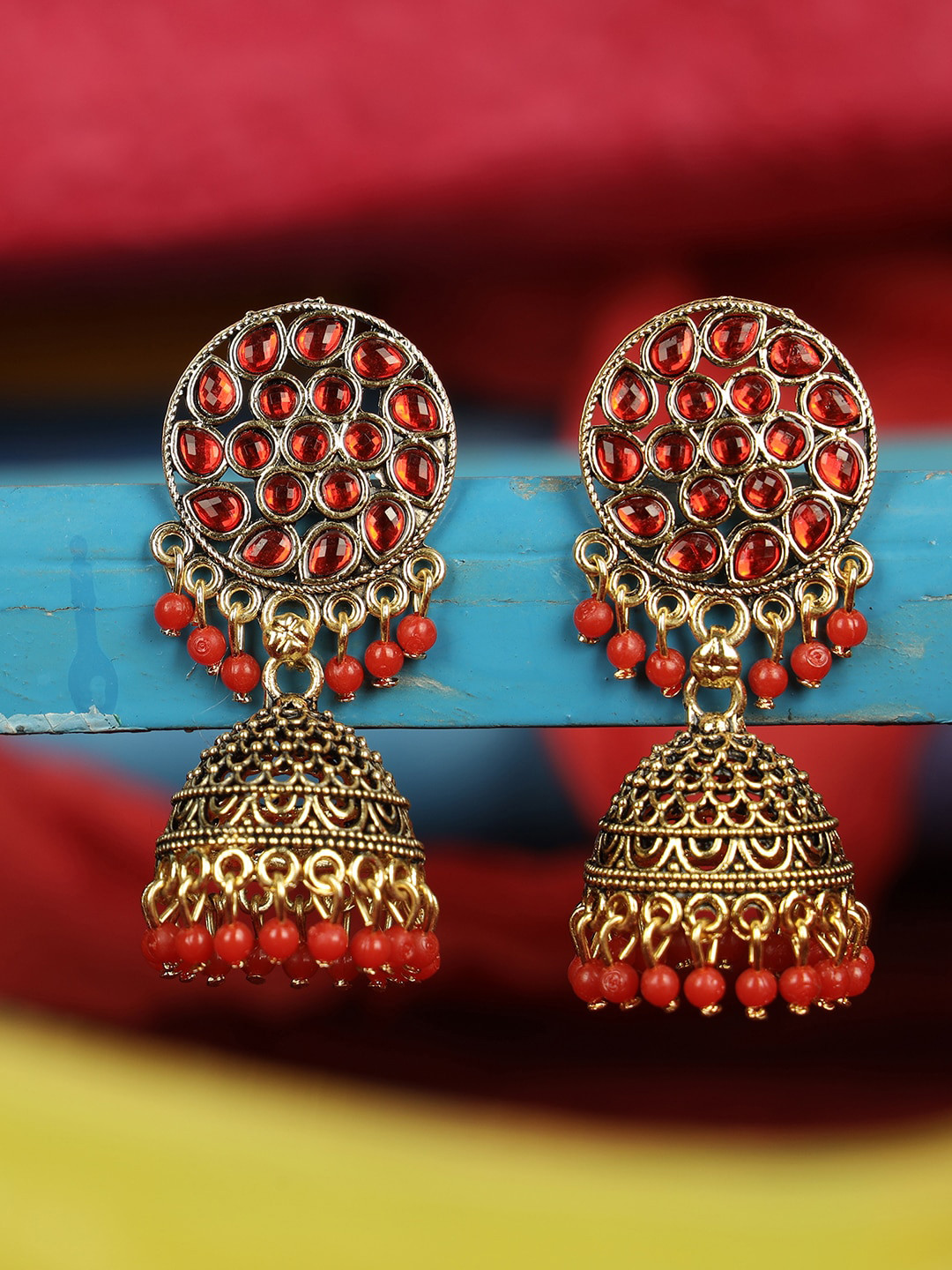 

ANIKAS CREATION Red Gold-Plated Handcrafted Contemporary Jhumkas