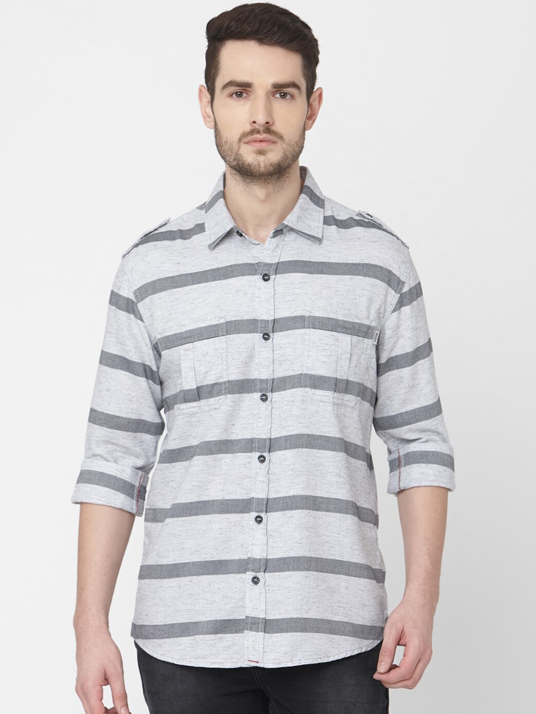 

Mufti Men Grey Slim Fit Striped Casual Shirt