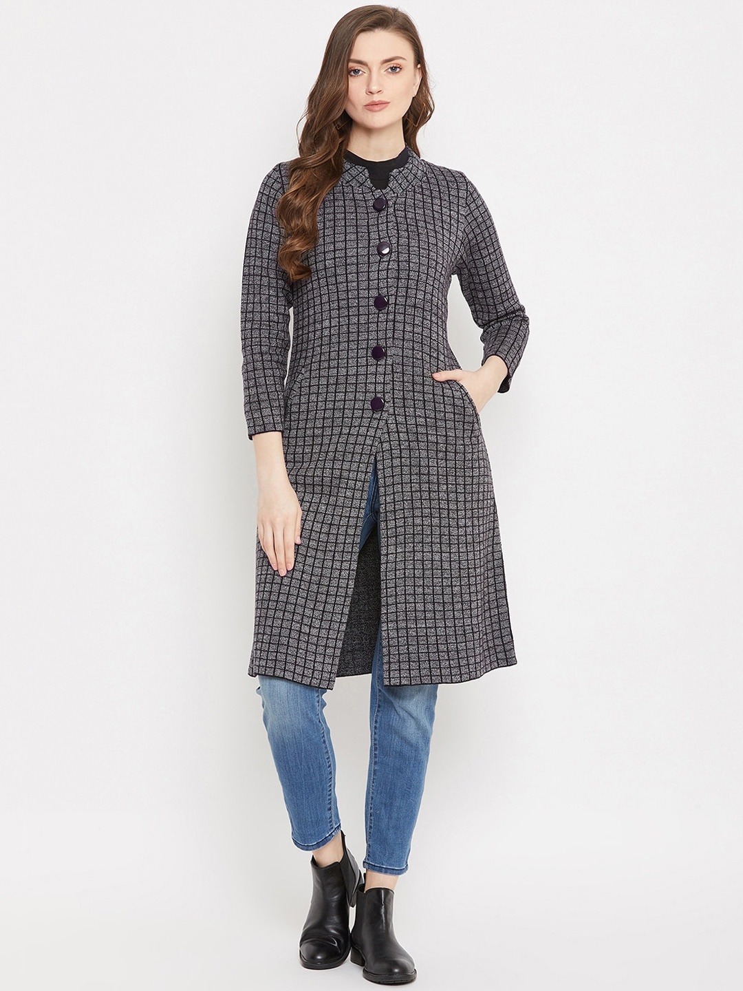 

Zigo Women Charcoal Grey & Black Checked Longline Cardigan