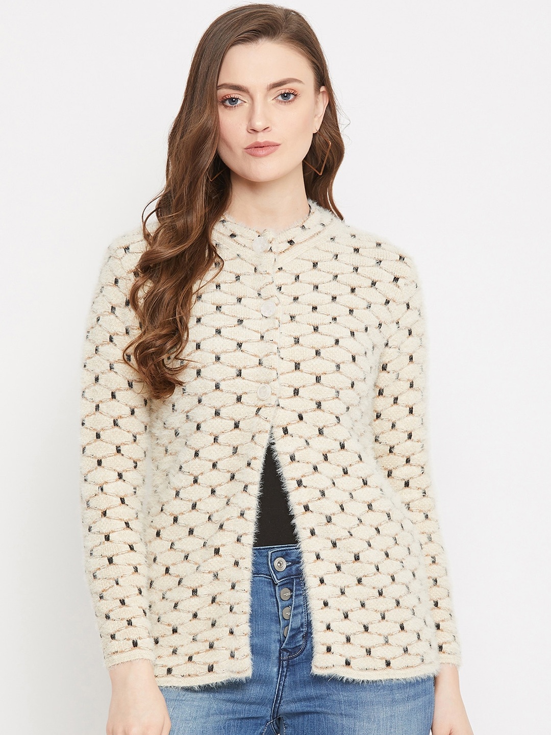 Zigo Women Cream-Coloured & Black Self-Design Cardigan