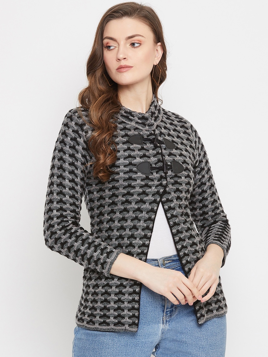 

Zigo Women Black & Grey Self Design Cardigan