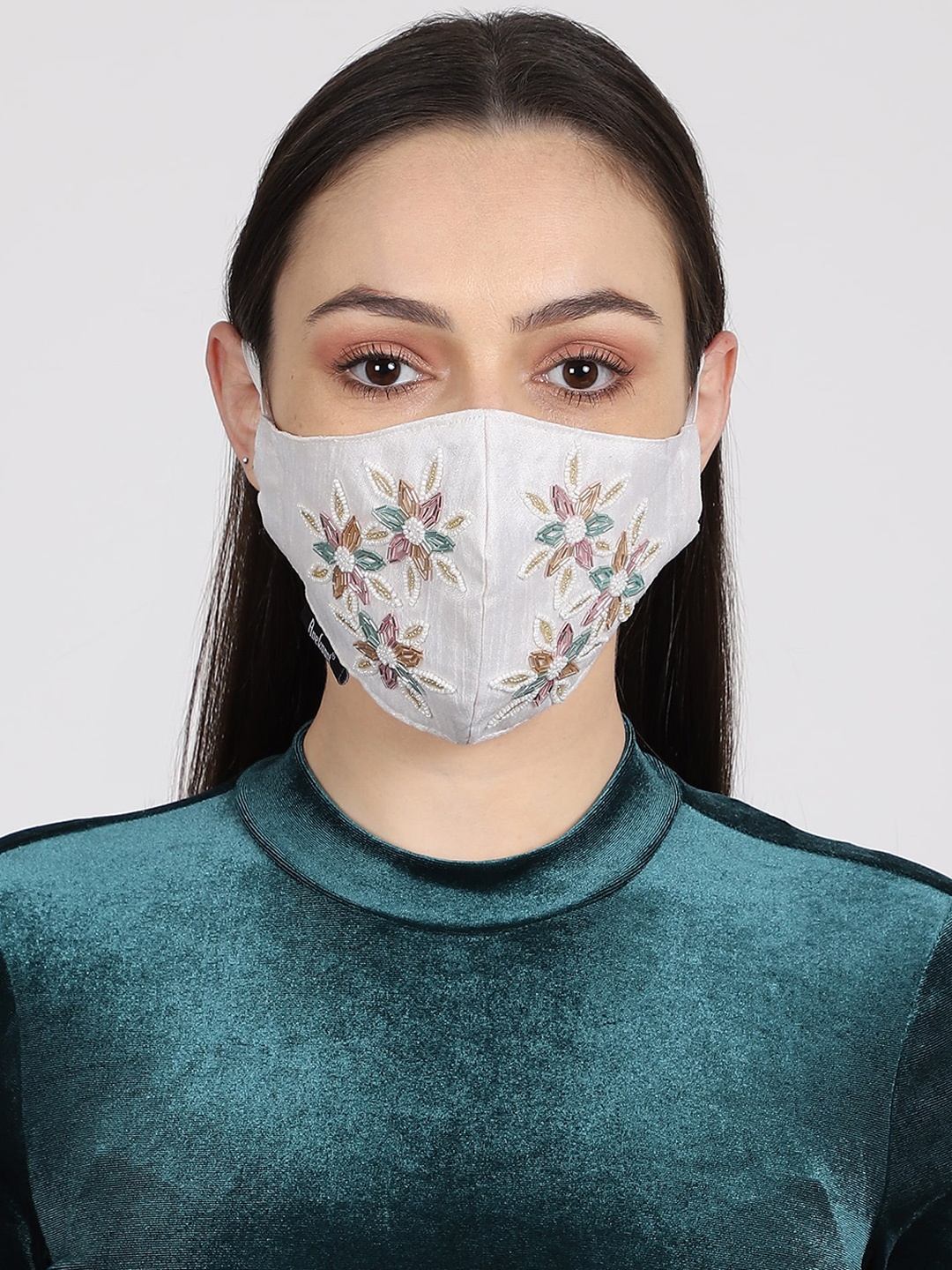 Anekaant Women White Embroidered 3-Ply Reusable Cloth Mask