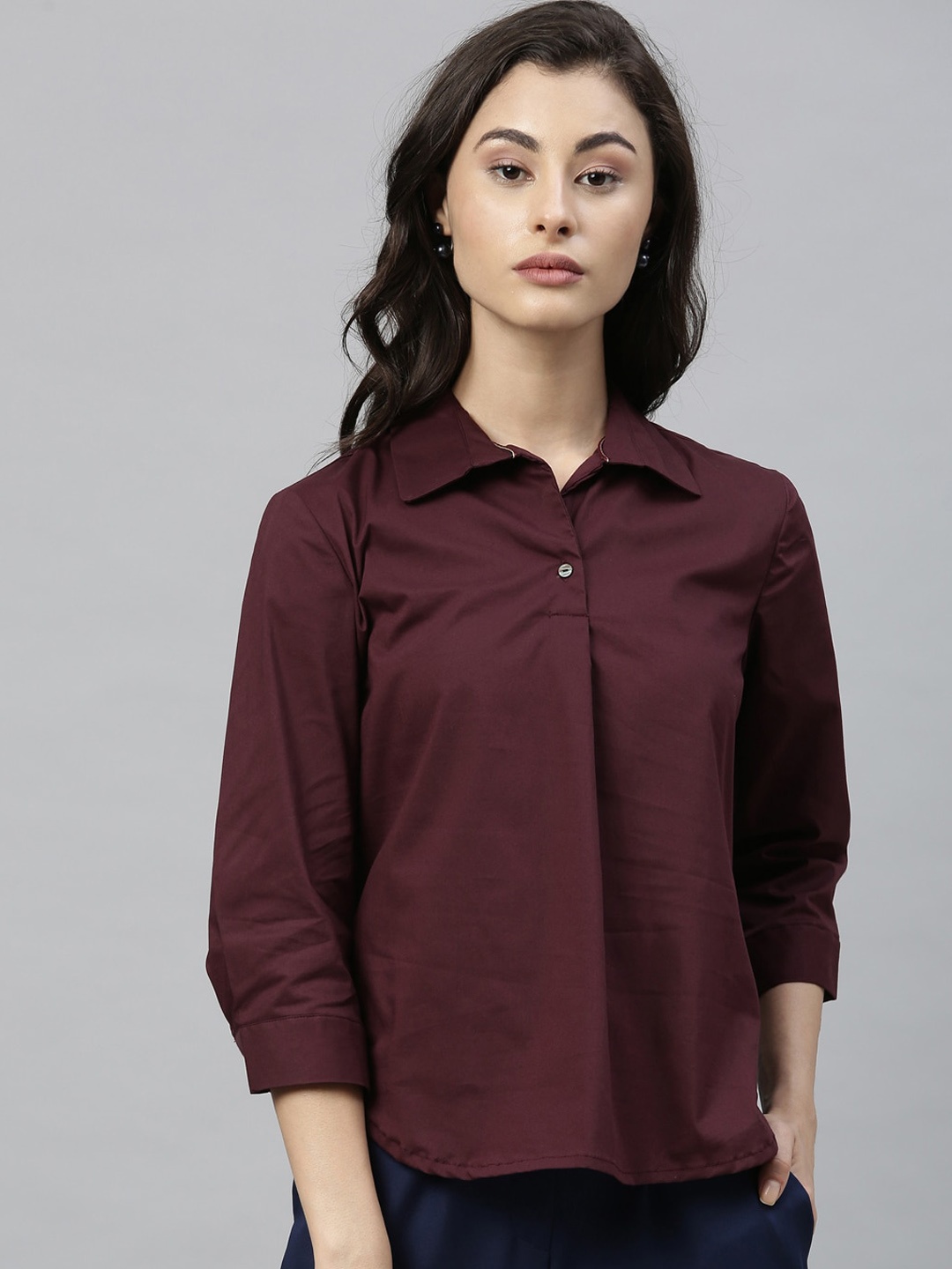 RAREISM Women Maroon Solid Shirt Style Pure Cotton Top