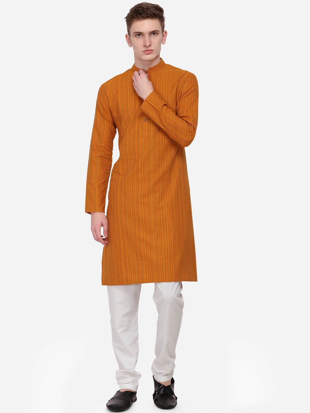 

azania Men Mustard Yellow Striped Straight Kurta