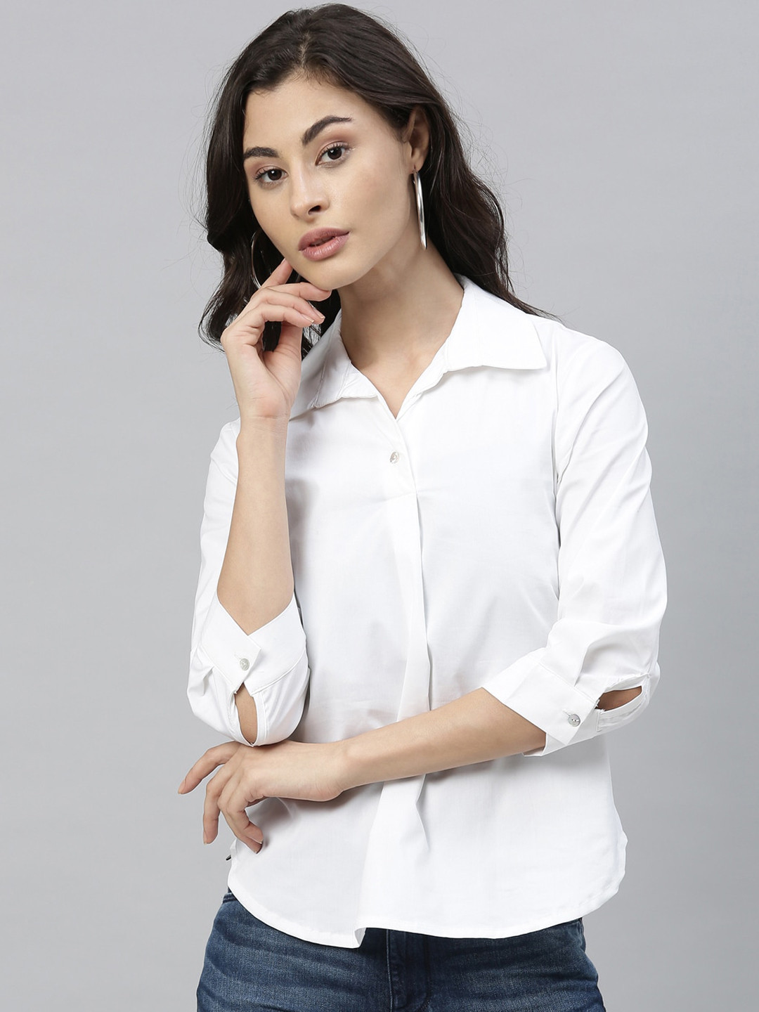 

RAREISM Women White Solid Shirt Style Pure Cotton Top