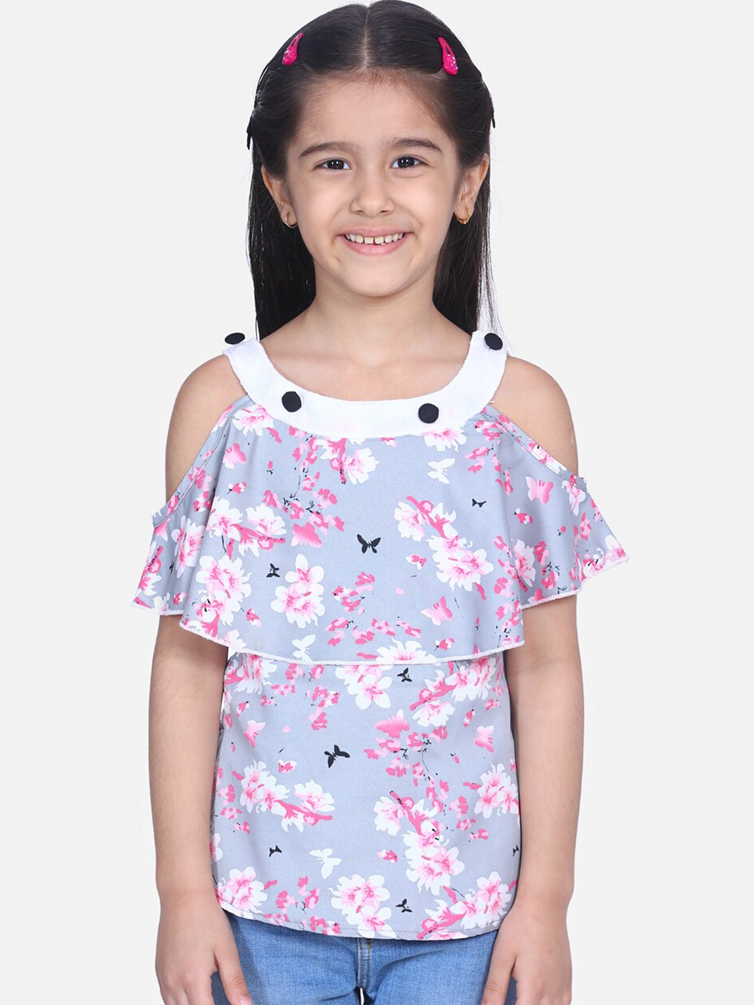 

Cutiekins Girls Grey & White Floral Printed Top