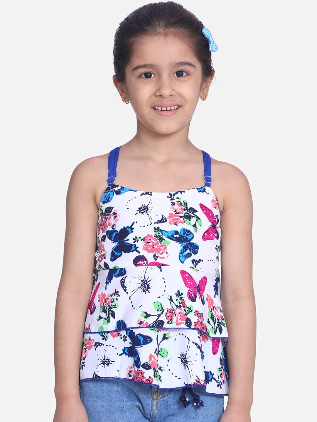 

Cutiekins Girls White & Blue Floral Printed A-Line Layered Top