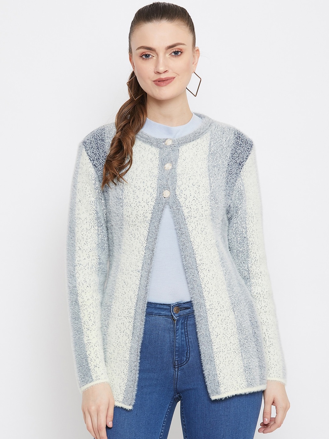 

Zigo Women White & Grey Striped Cardigan
