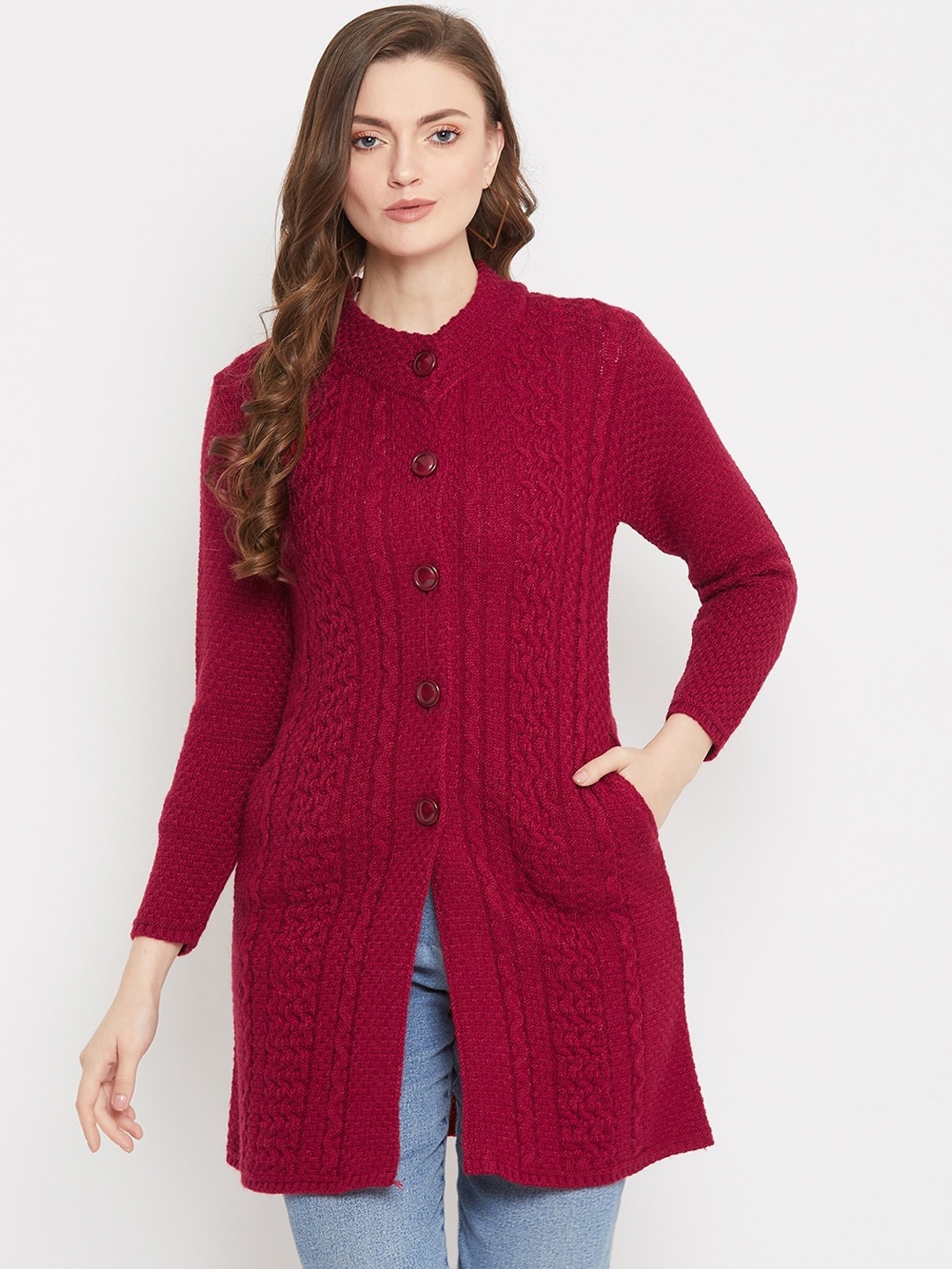 

Zigo Women Maroon Self Design Longline Cardigan