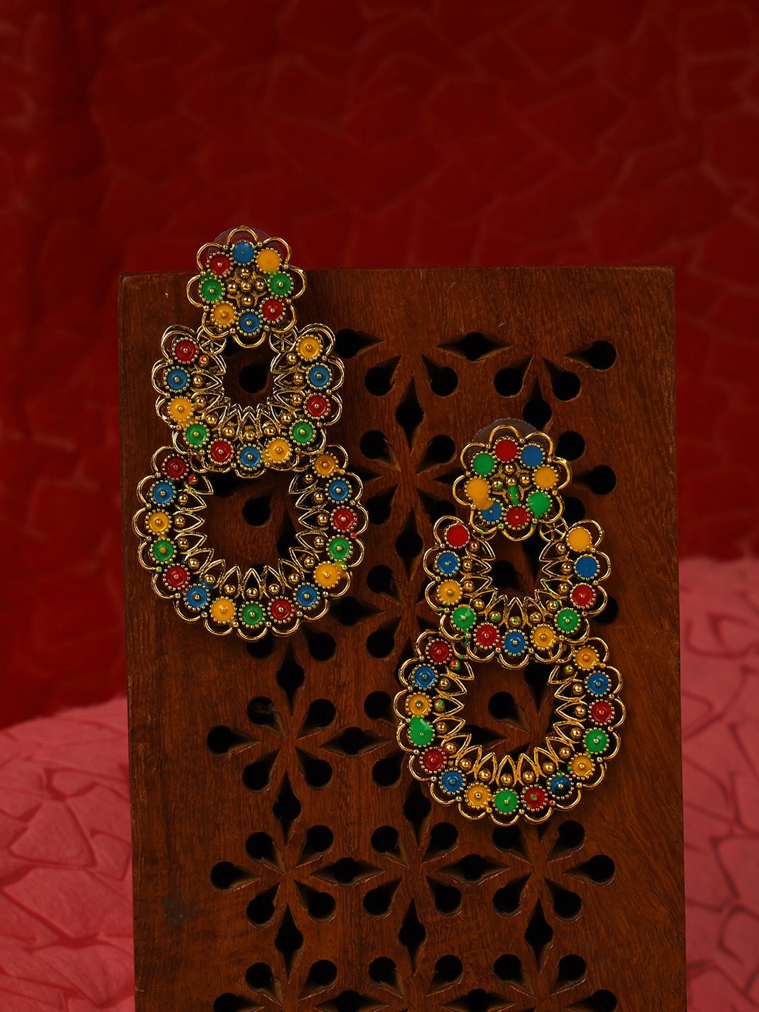 

ANIKAS CREATION Gold-Plated & Red Contemporary Chandbalis