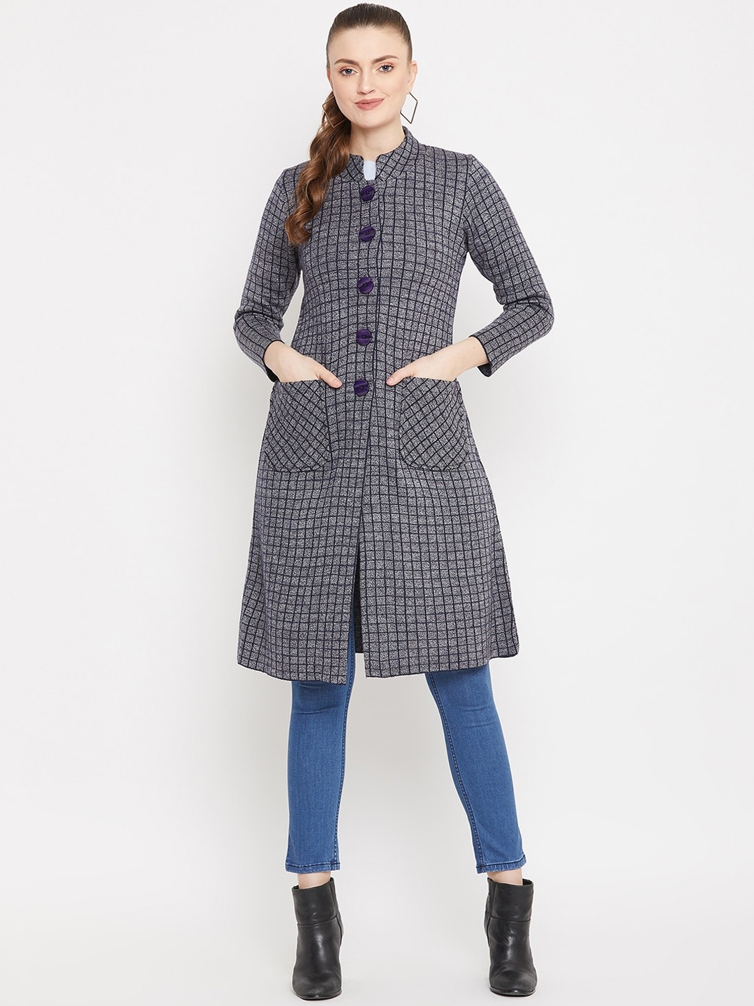 

Zigo Women Navy Blue & White Checked Longline Cardigan