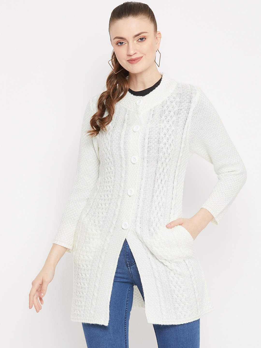 

Zigo Women White Self Design Longline Knitted Cardigan