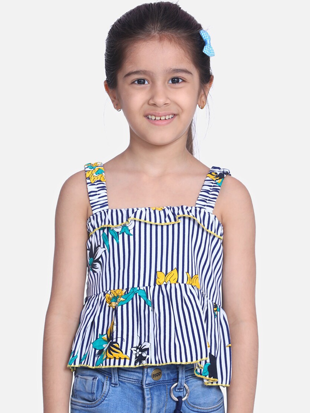

Cutiekins Girls White & Navy Blue Striped Peplum Top