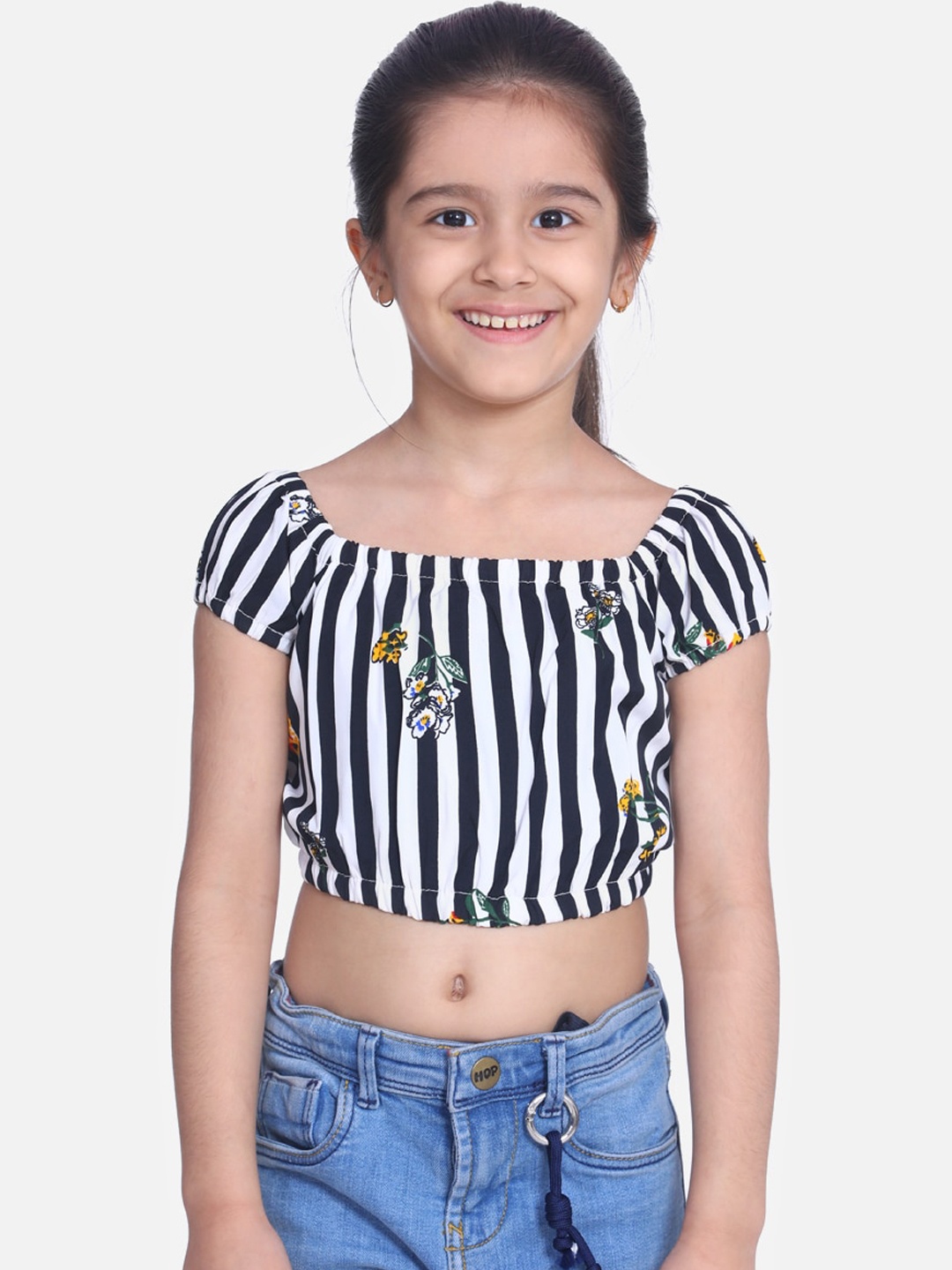 

Cutiekins Girls Black & White Striped Blouson Crop Top