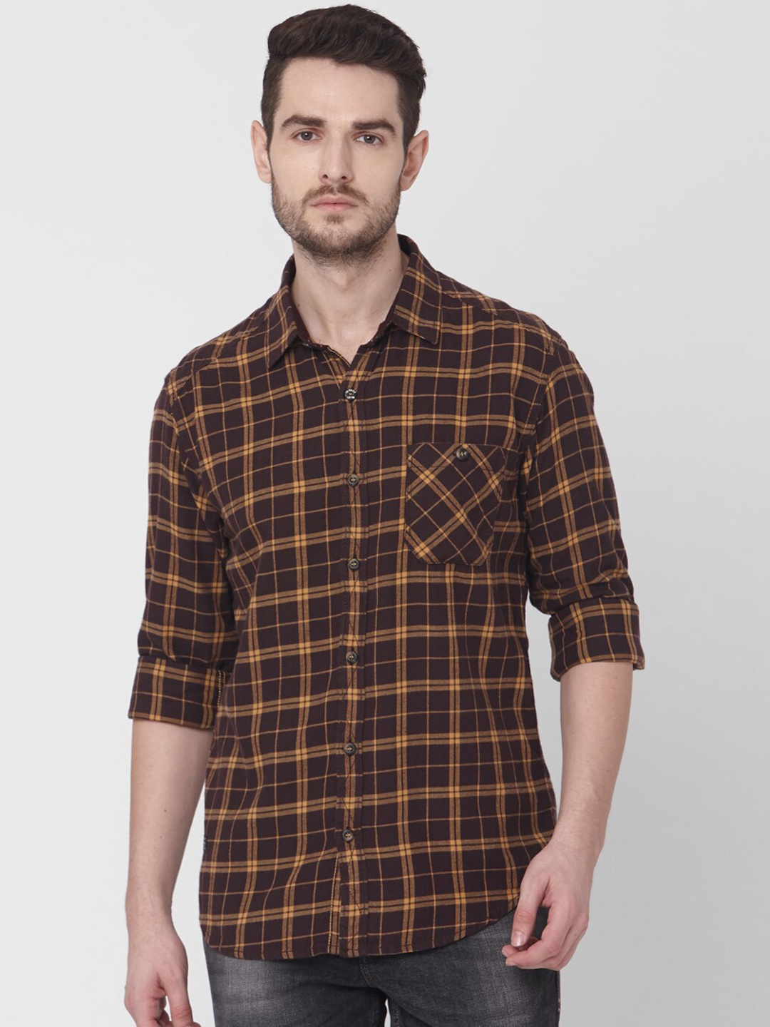 

Mufti Men Coffee Brown & Yellow Slim Fit Checked Casual Shirt