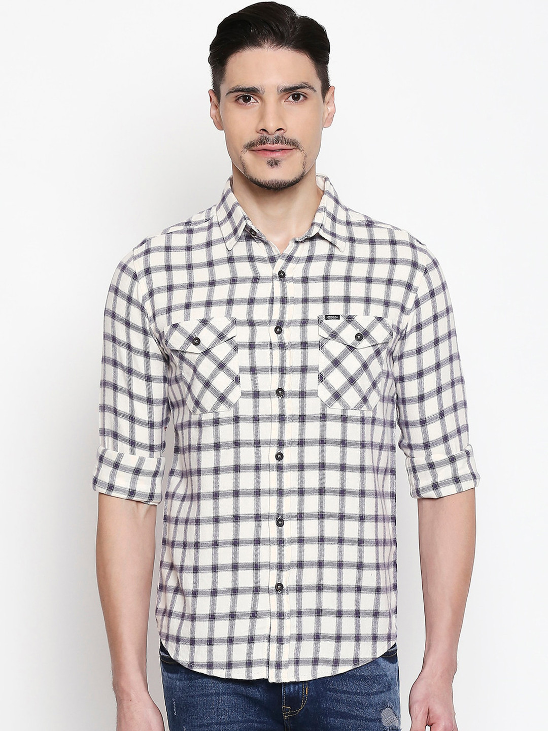 

Mufti Men Off-White & Purple Slim Fit Checked Casual Shirt