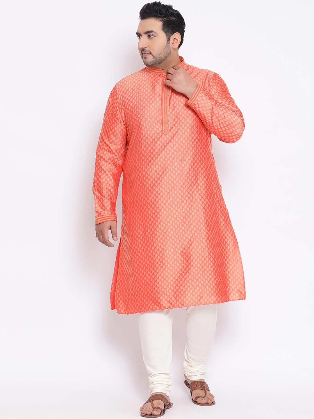 KISAH PLUS Men Peach-Coloured Woven Design Straight Kurta