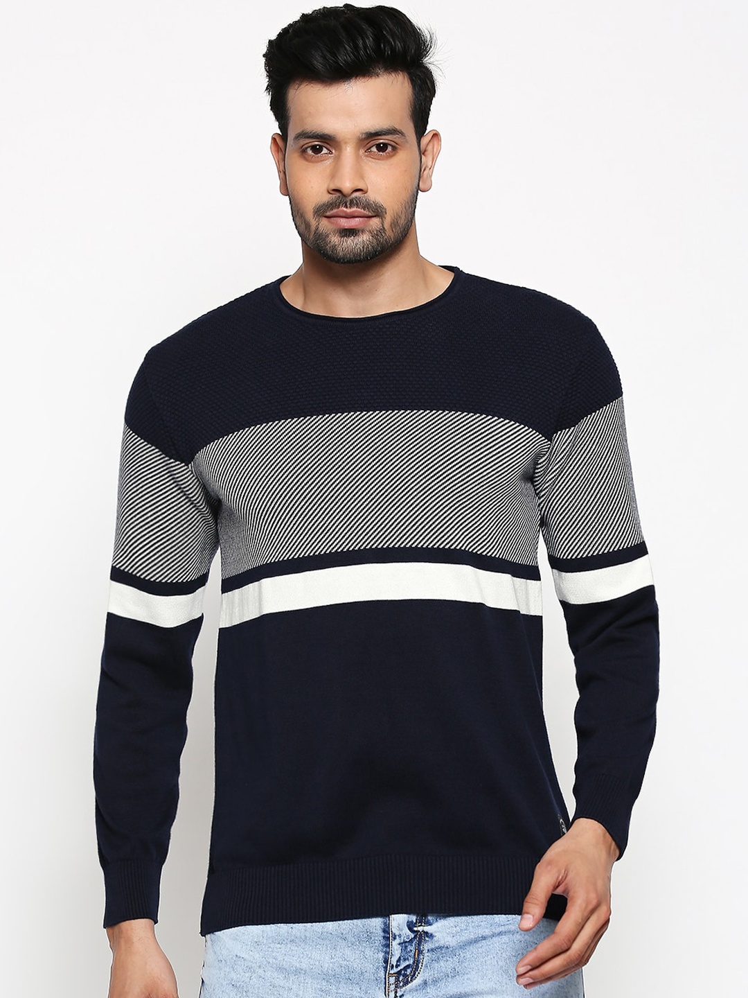 

People Men Navy Blue & Grey Striped Pullover Sweater