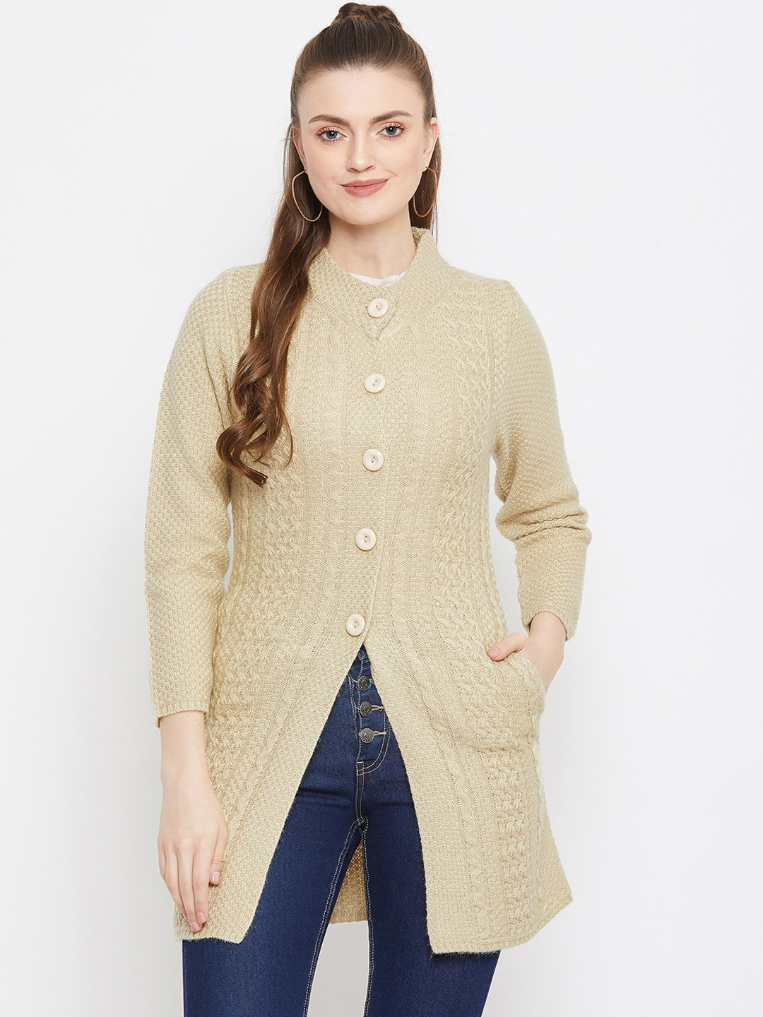 

Zigo Women Beige Self Design Longline Knitted Cardigan