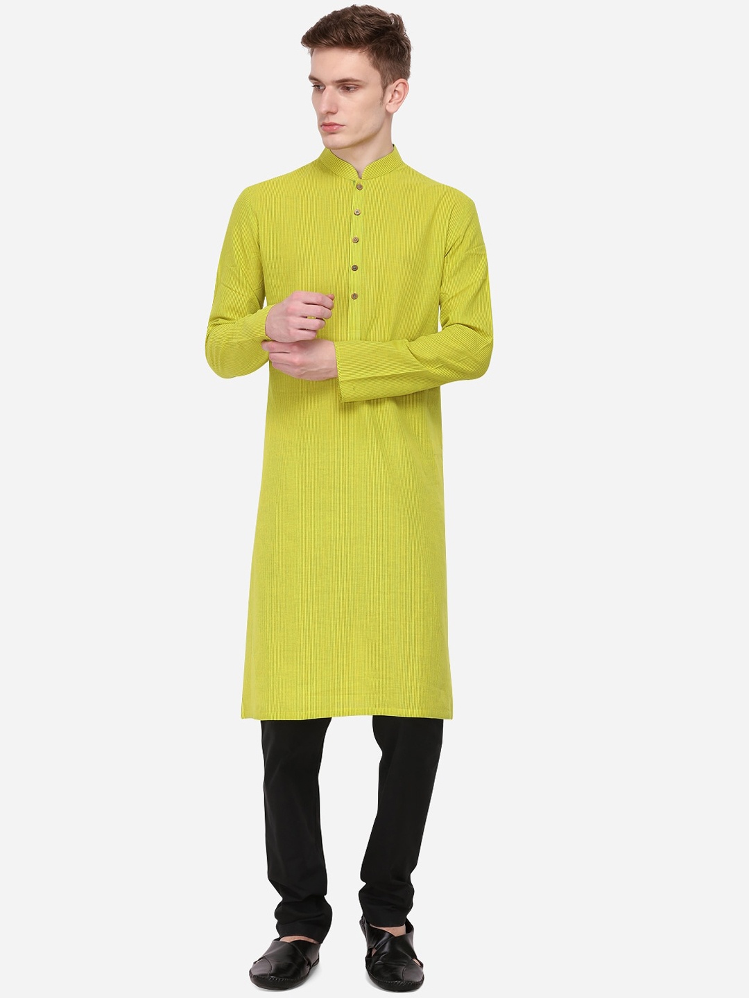 

azania Men Green Striped Straight Kurta