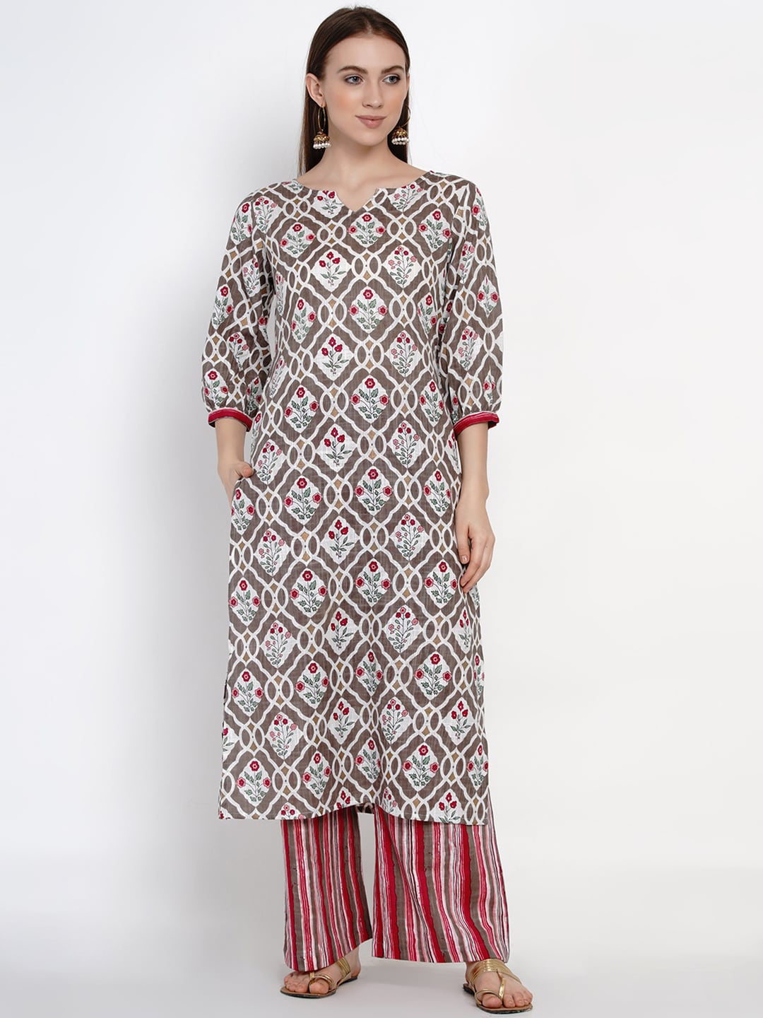 

Yuris Women Grey & Pink Printed Kurta with Palazzos