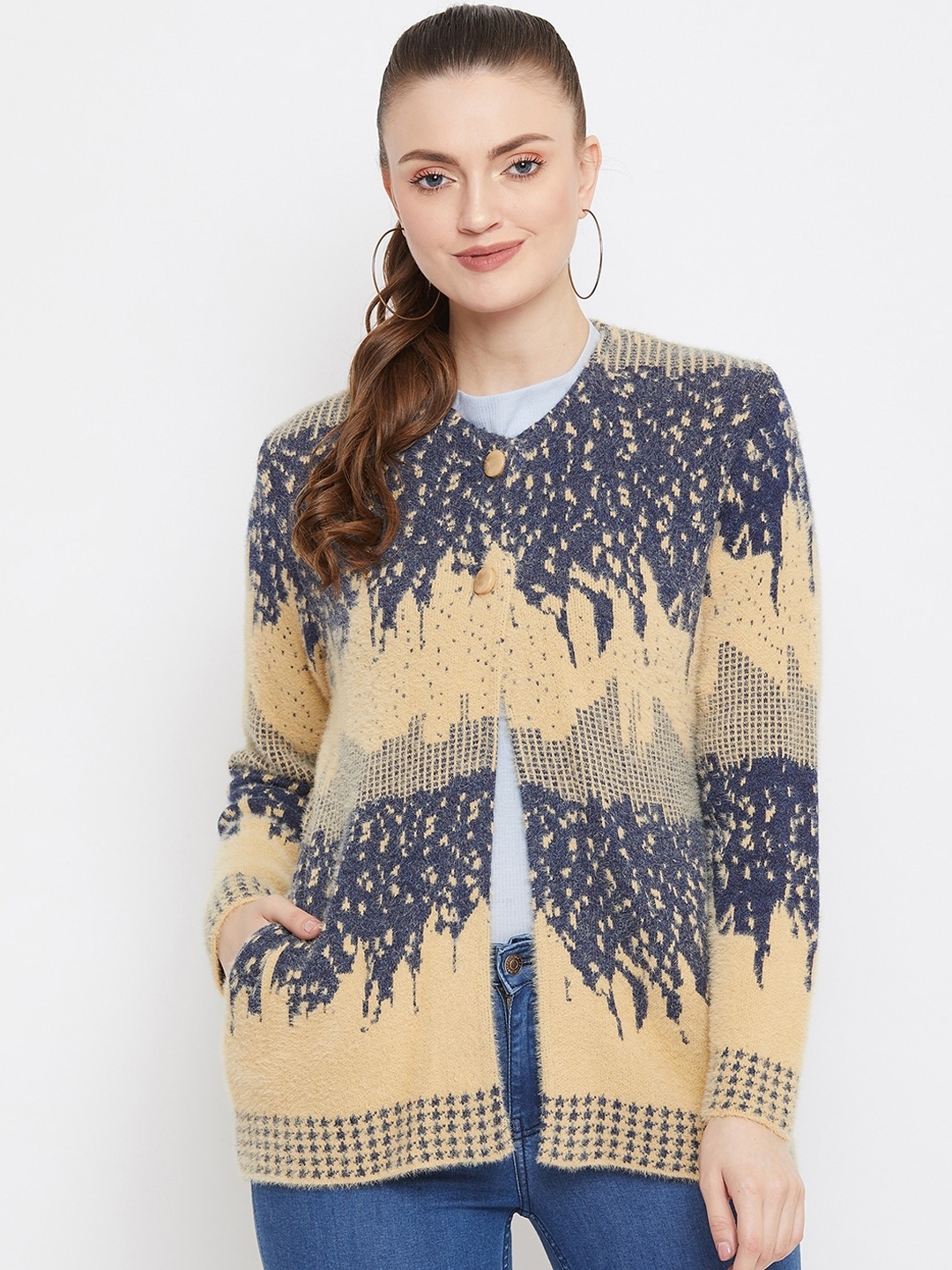 

Zigo Women Beige & Blue Self Design Cardigan