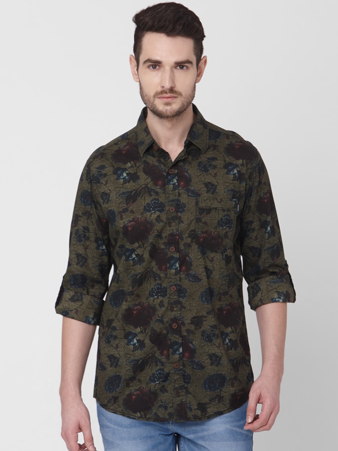 

Mufti Men Olive Green & Navy Blue Slim Fit Printed Casual Shirt