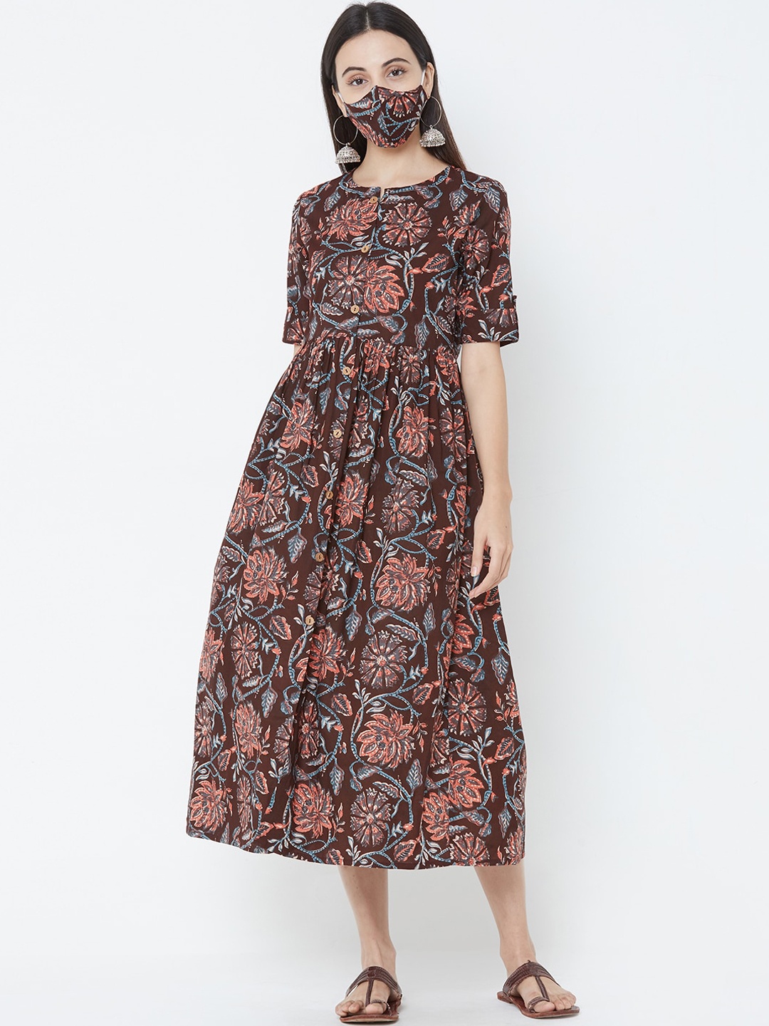 

FASHOR Women Brown Printed Fit and Flare Dress with 2-Ply Mask