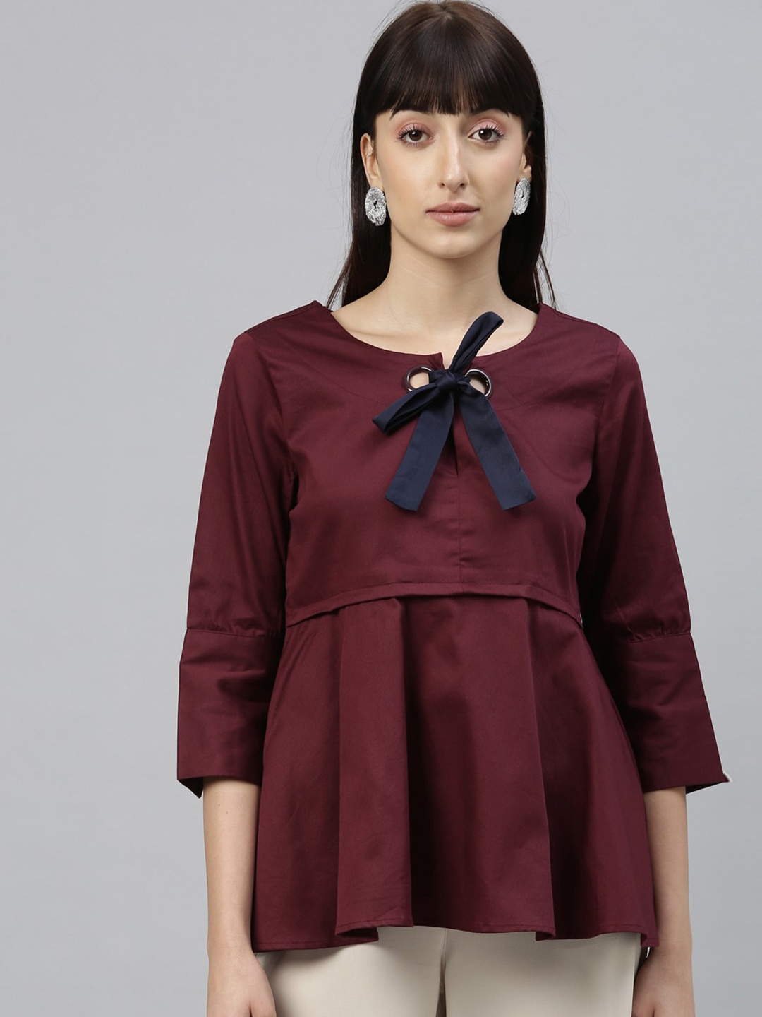 

RAREISM Women Maroon Solid Empire Pure Cotton Top
