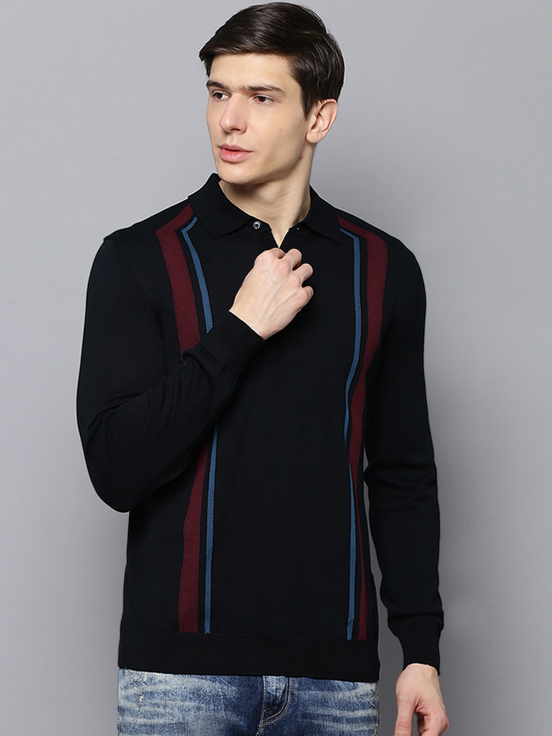 

BEN SHERMAN Men Black & Maroon Striped Pullover Sweater