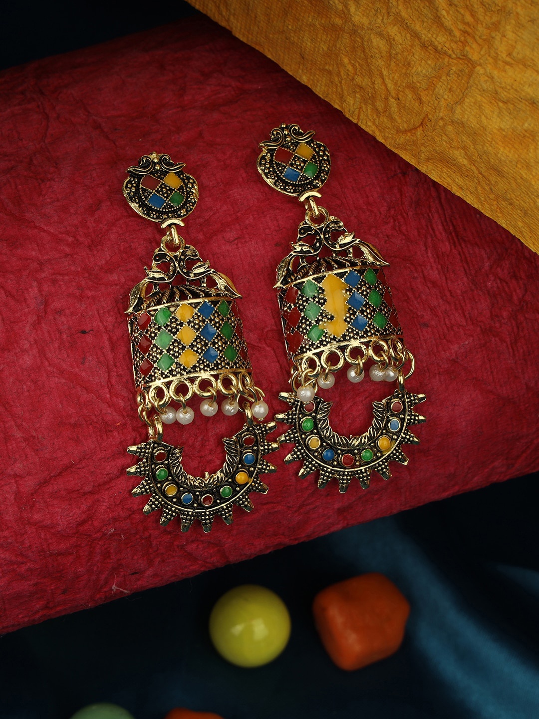 ANIKAS CREATION Gold-Plated & Green Contemporary Jhumkas