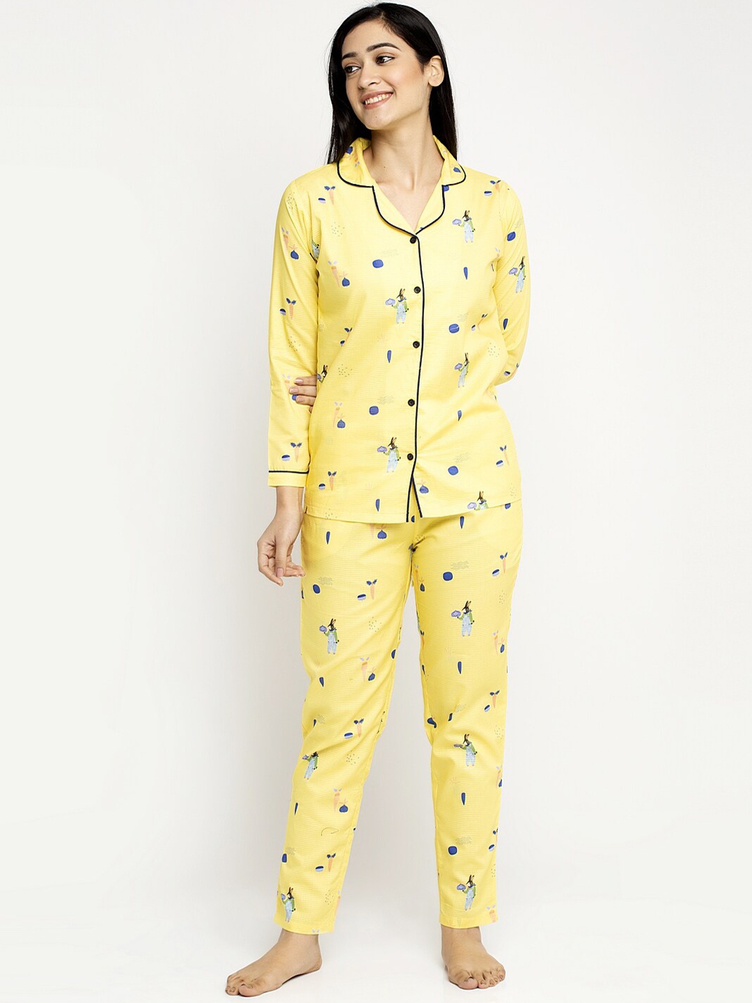 

MAXENCE Women Yellow & Blue Printed Night Suit