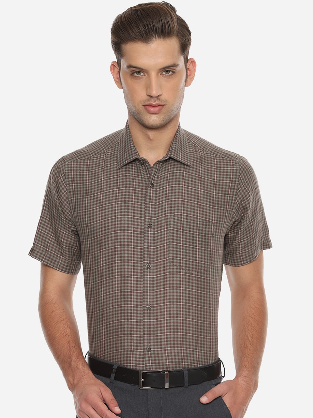 

Van Heusen Men Olive Green & Brown Regular Fit Checked Formal Shirt