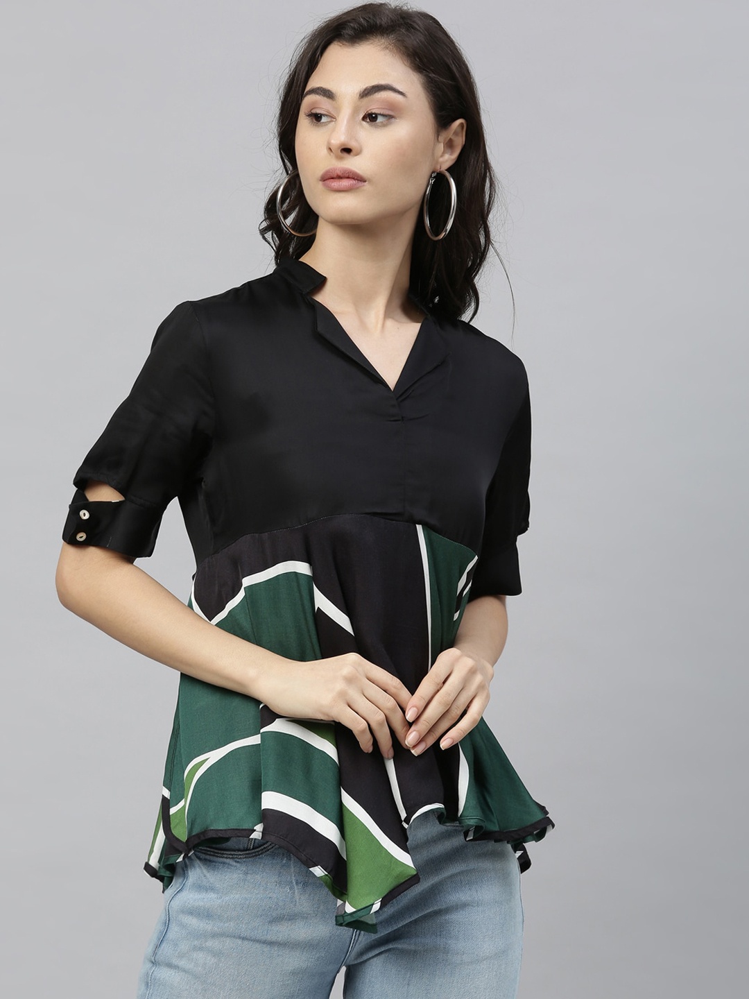 

RAREISM Women Navy Blue & Green Colourblocked A-Line Top