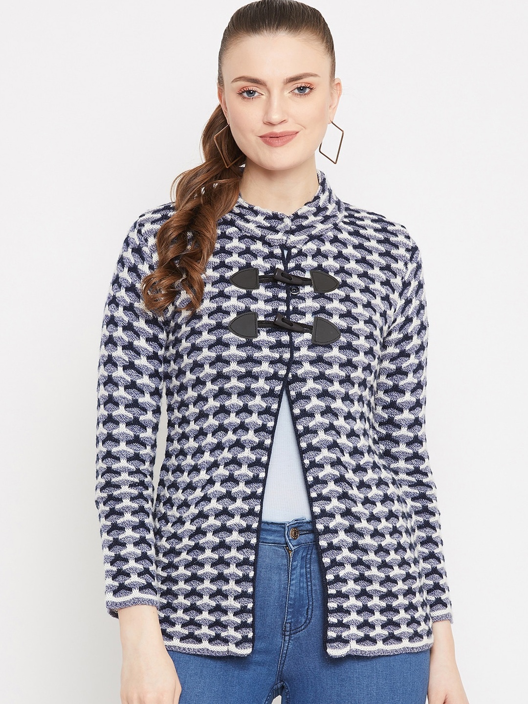 

Zigo Women Grey & White Self Design Cardigan