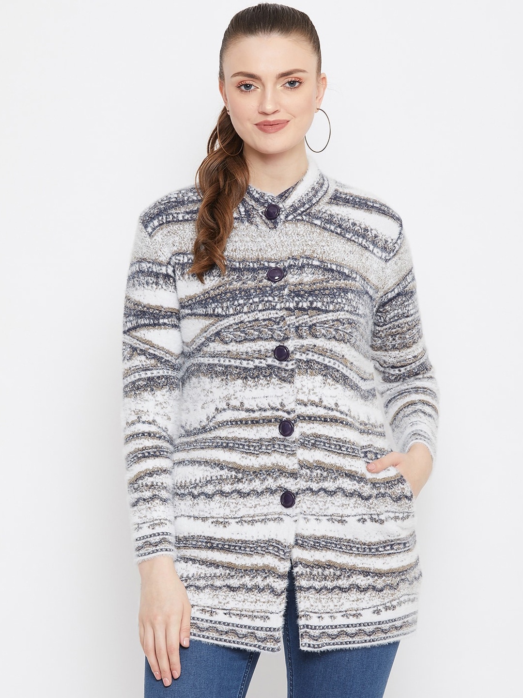 

Zigo Women White & Grey Self Design Longline Cardigan