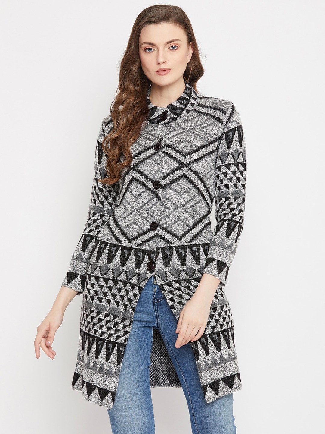 

Zigo Women Grey & Black Self Design Longline Cardigan
