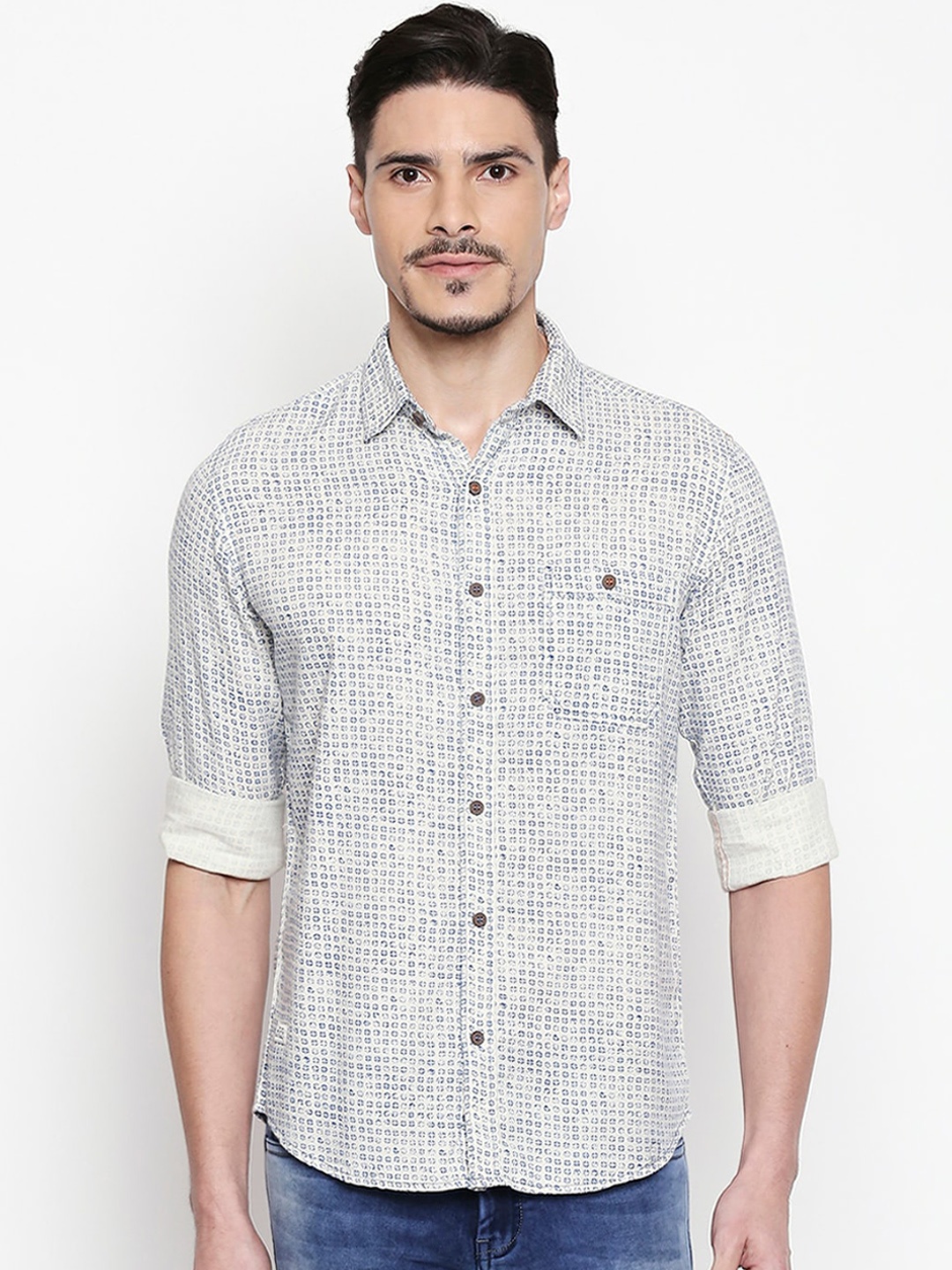 

Mufti Men Off-White & Blue Slim Fit Printed Casual Shirt